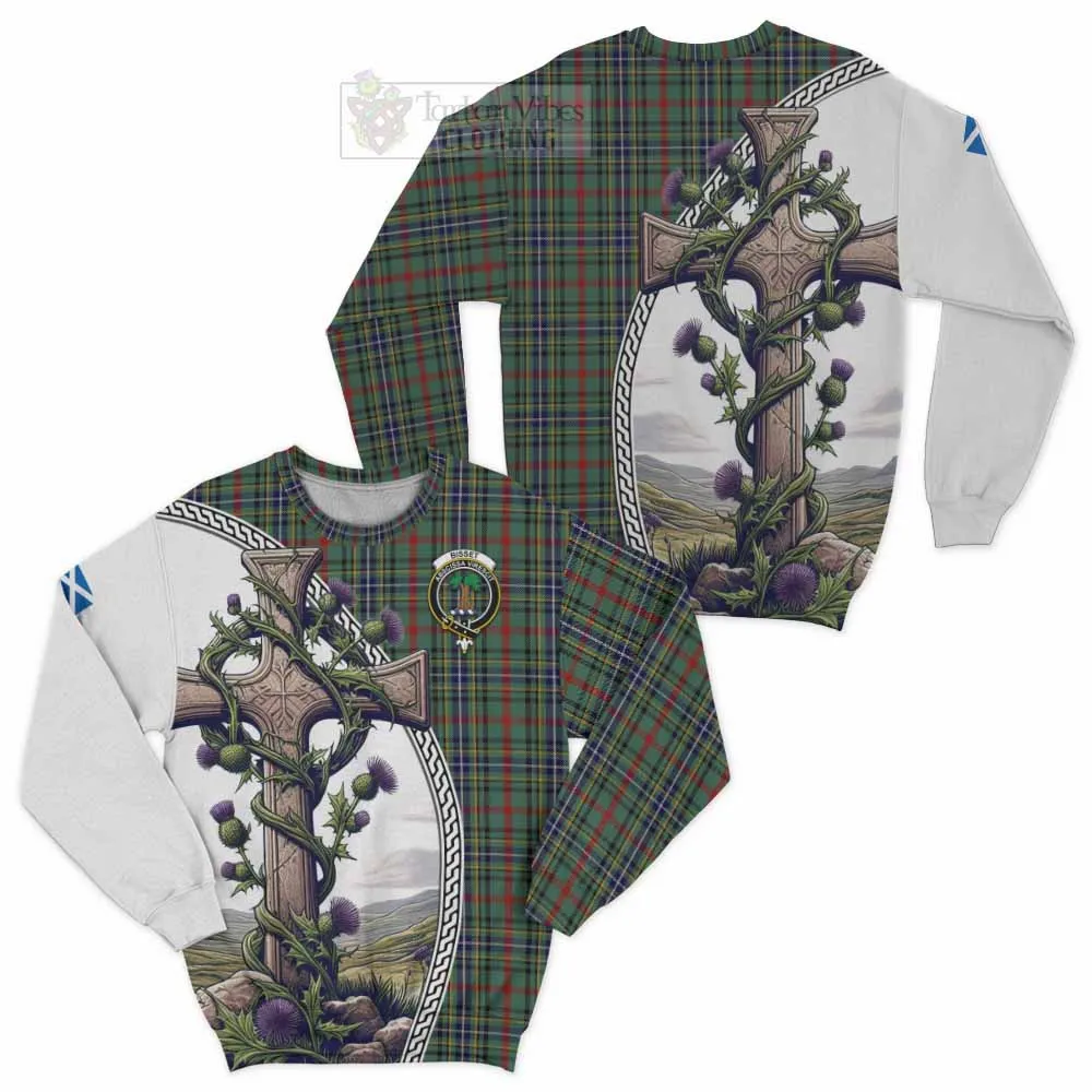 Bisset Tartan Sweatshirt with Family Crest and St. Andrew's Cross Accented by Thistle Vines