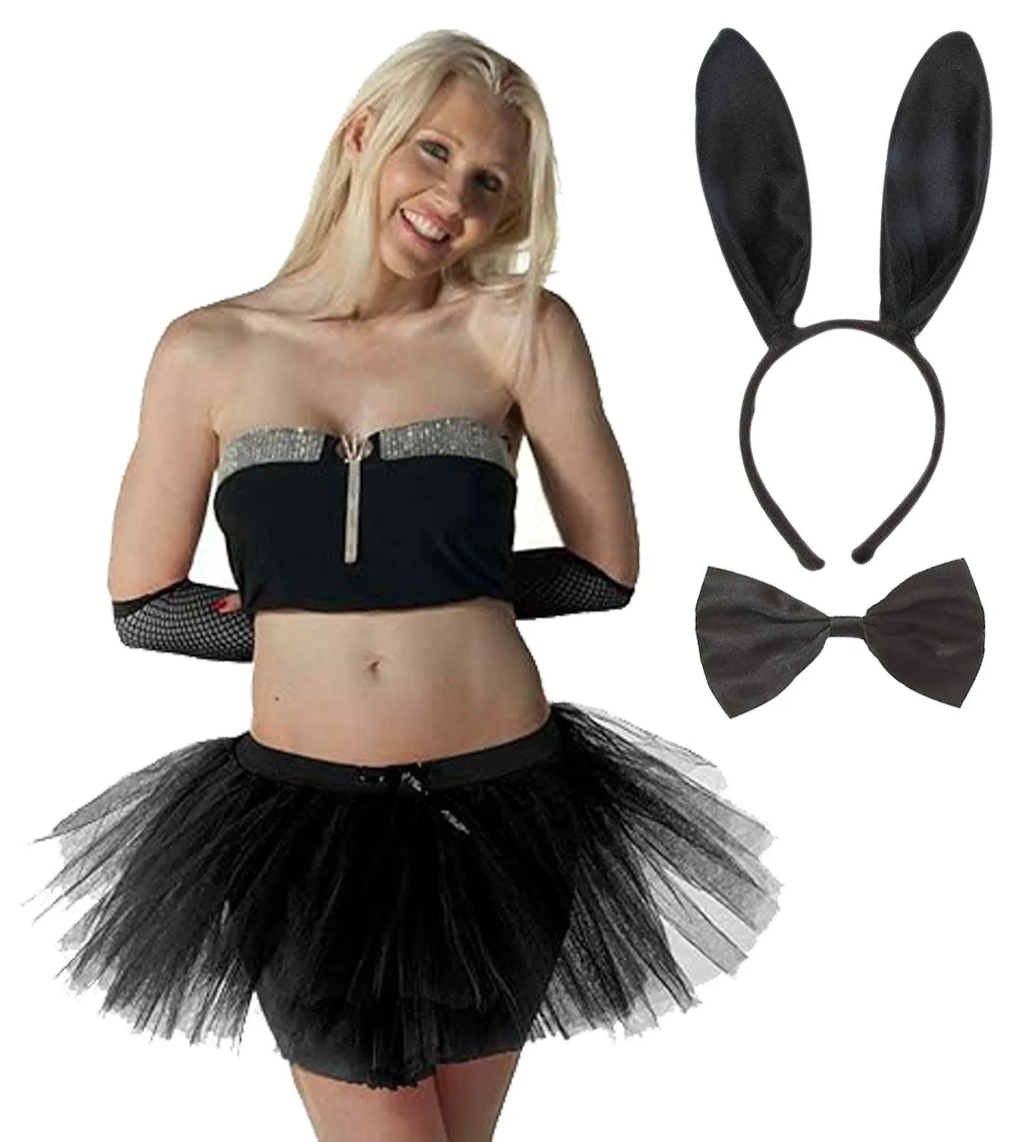 Black 3-Layer Tutu Skirt, Bunny Ears, and Bow Tie - Halloween Scary Spooky Bunny Fancy Dress Costume