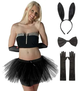 Black 3-Layer Tutu Skirt, Bunny Ears, Bow Tie, and Long Black Satin Gloves - Halloween Scary Spooky Fancy Dress Costume Set