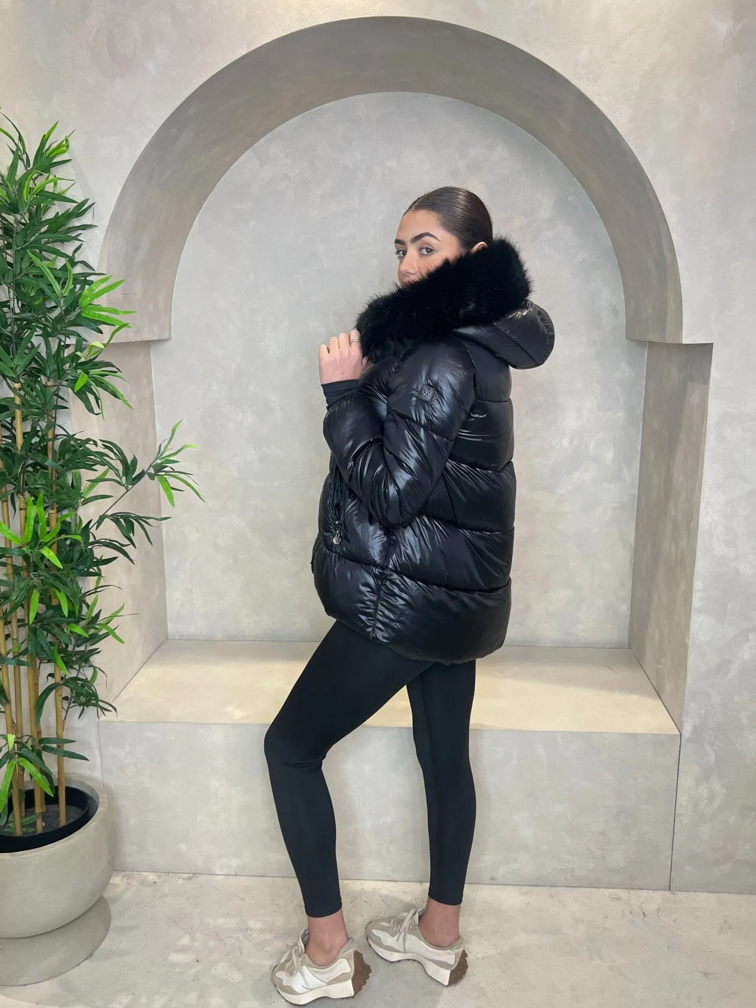 Black Faux Fur Hood Puffer Jacket