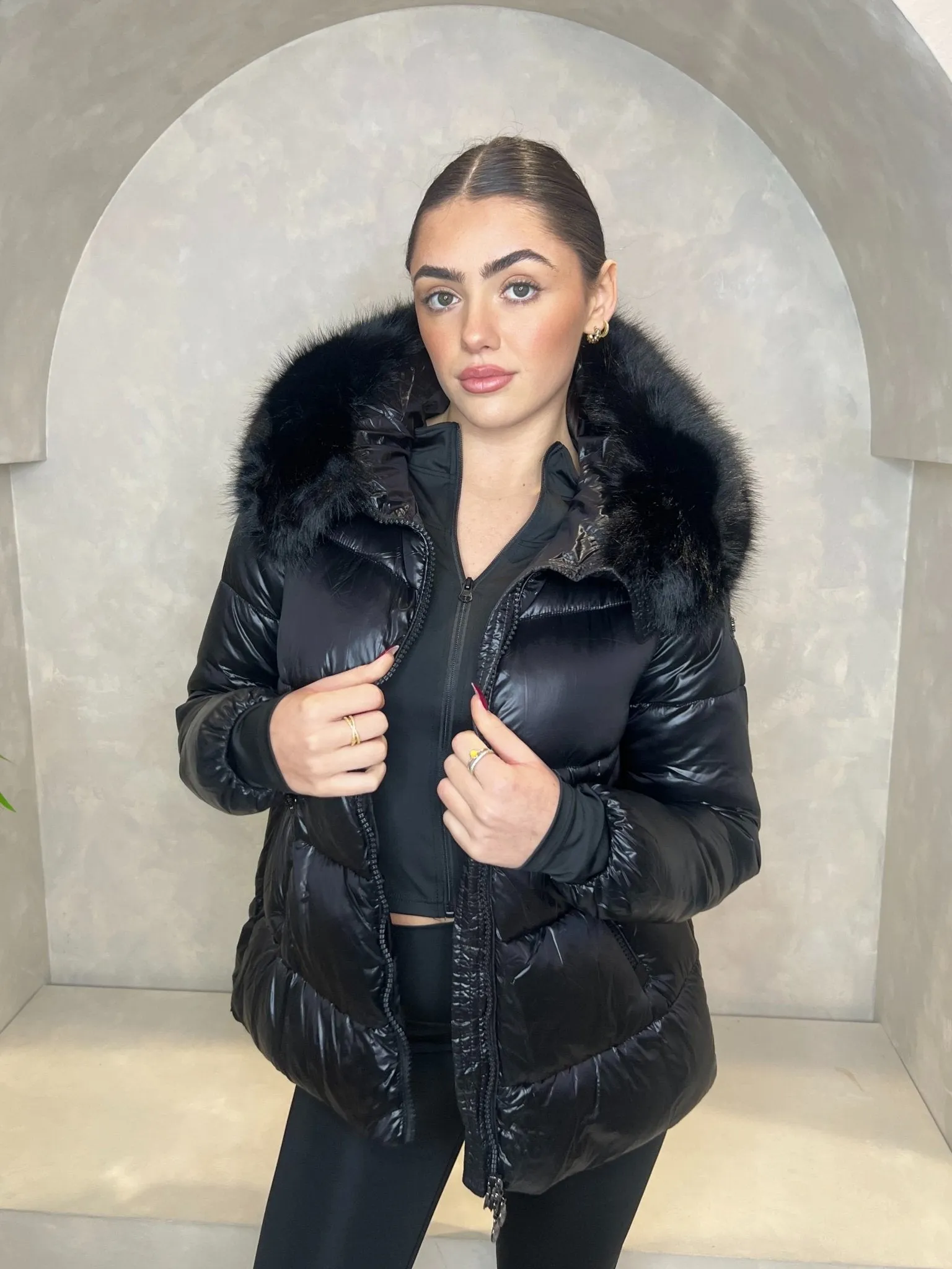 Black Faux Fur Hood Puffer Jacket