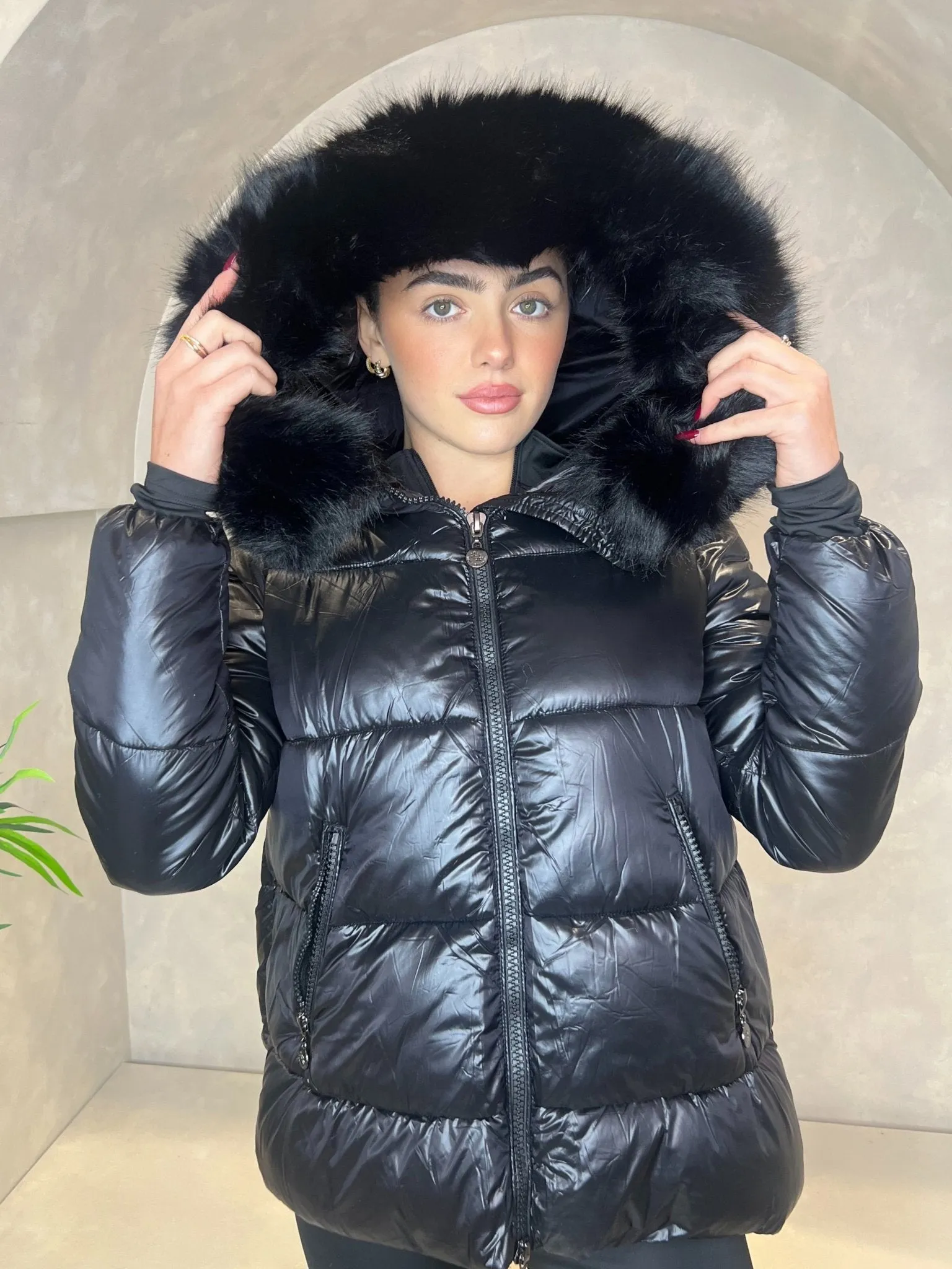 Black Faux Fur Hood Puffer Jacket