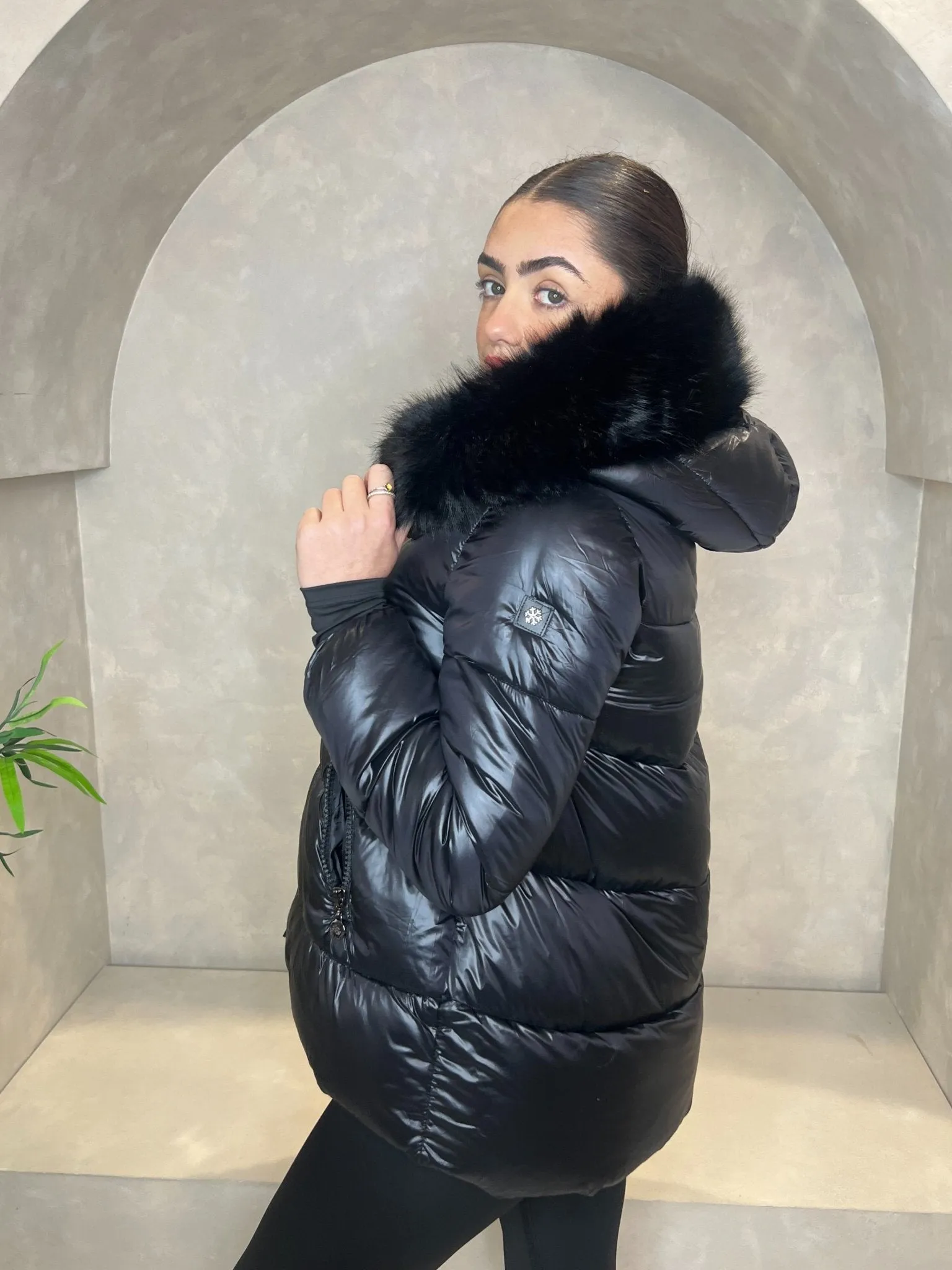 Black Faux Fur Hood Puffer Jacket