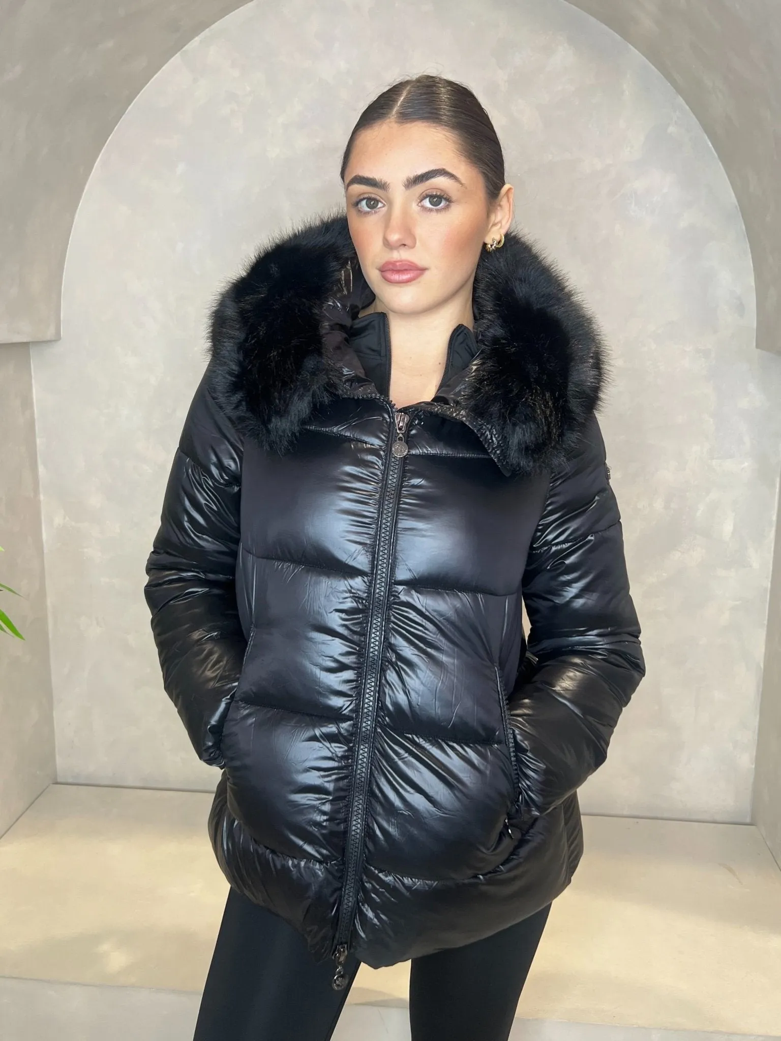 Black Faux Fur Hood Puffer Jacket