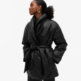 Black Faux Leather Puffer Jacket