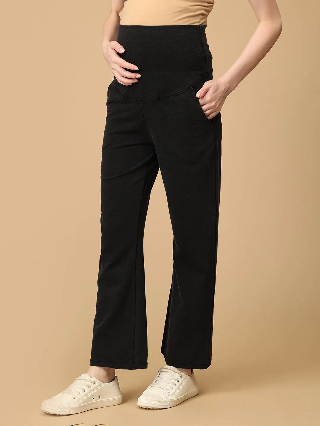 Black Maternity Knit Denims With Belly Support - Dark Wash