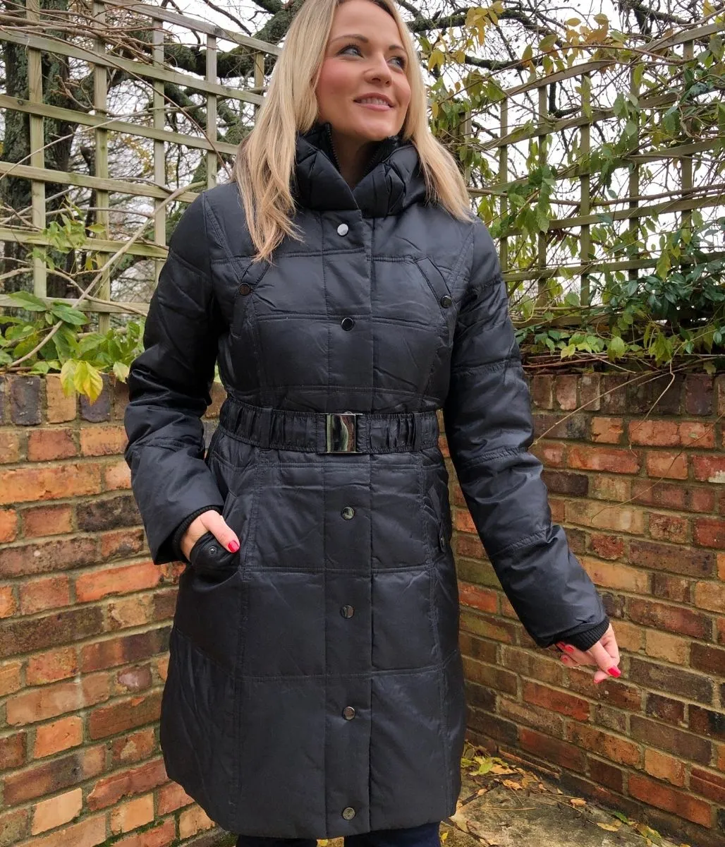 Black Shawl Collar Belted Down Coat