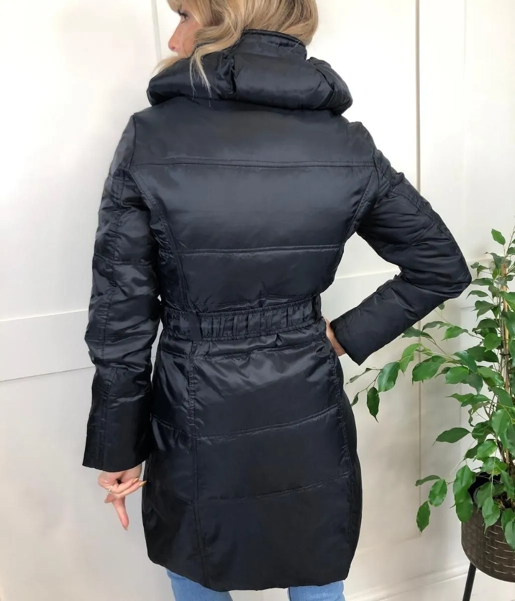 Black Shawl Collar Belted Down Coat