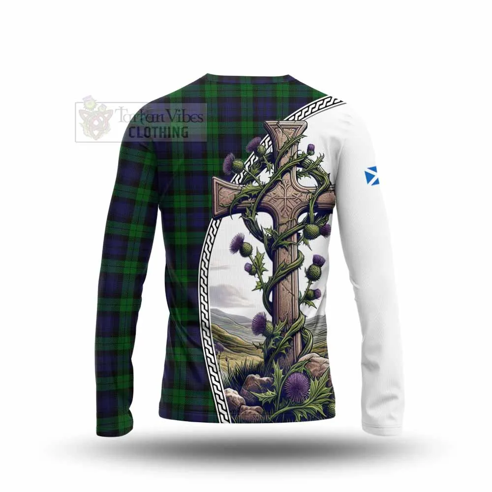 Black Watch Tartan Long Sleeve T-Shirt with Family Crest and St. Andrew's Cross Accented by Thistle Vines