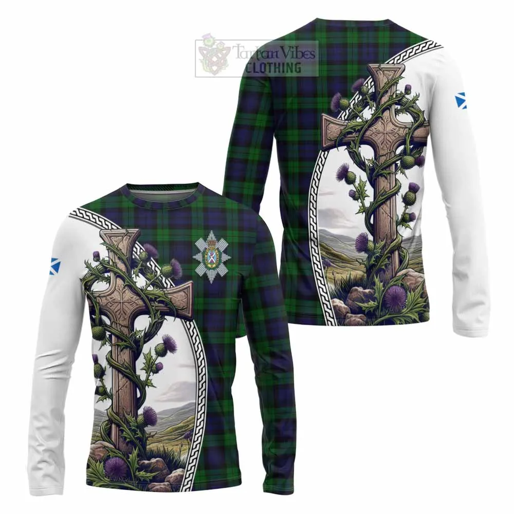 Black Watch Tartan Long Sleeve T-Shirt with Family Crest and St. Andrew's Cross Accented by Thistle Vines