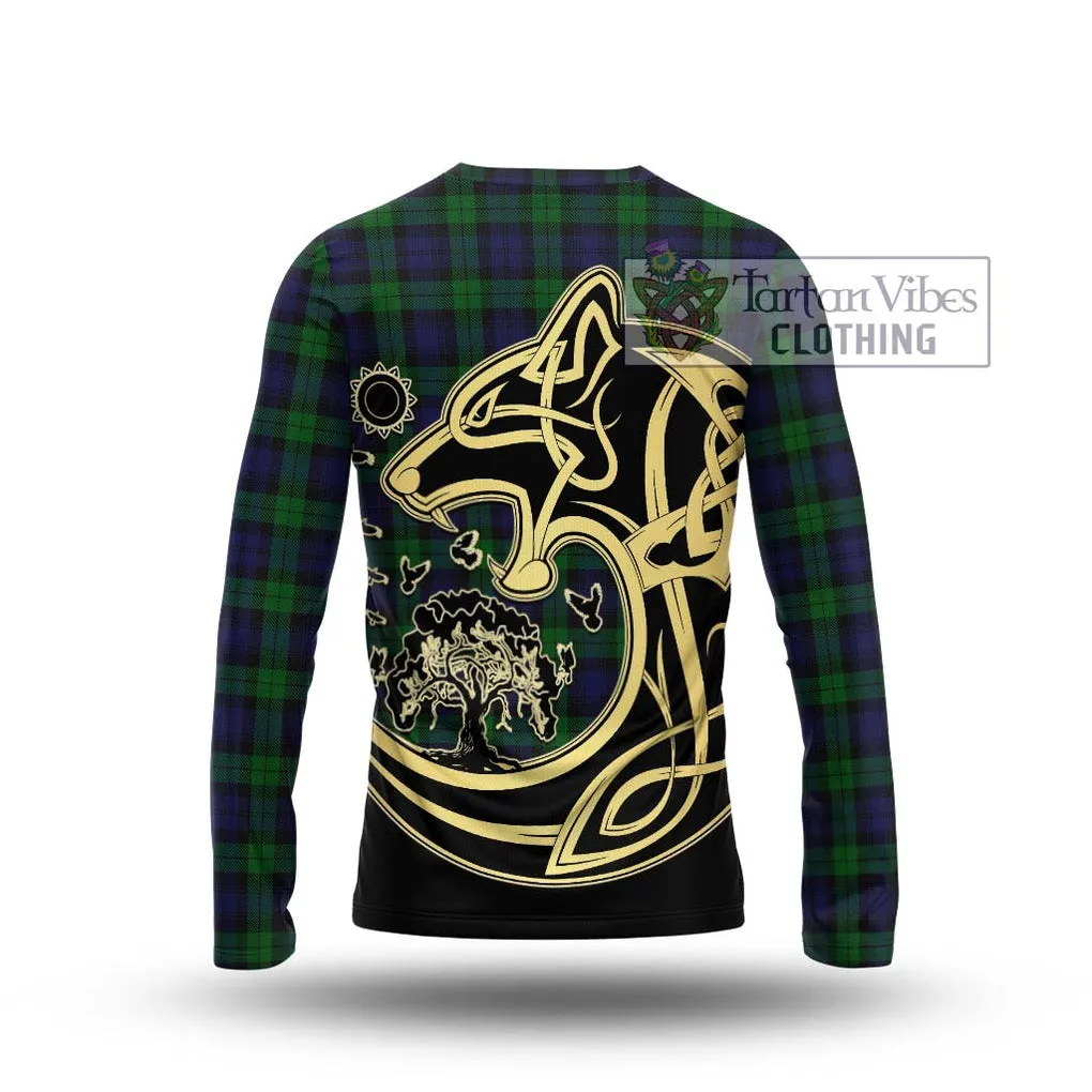 Black Watch Tartan Long Sleeve T-Shirt with Family Crest Celtic Wolf Style