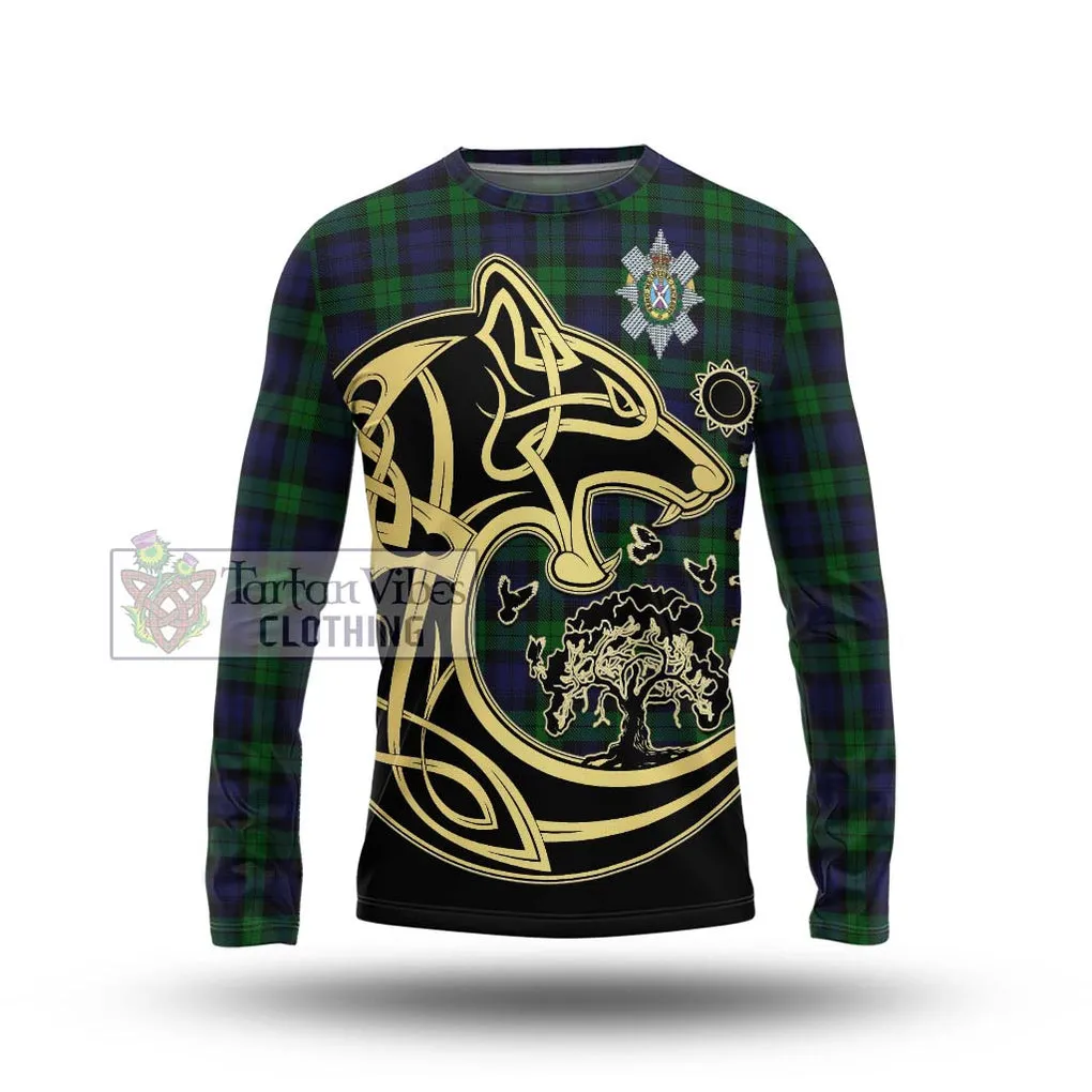 Black Watch Tartan Long Sleeve T-Shirt with Family Crest Celtic Wolf Style