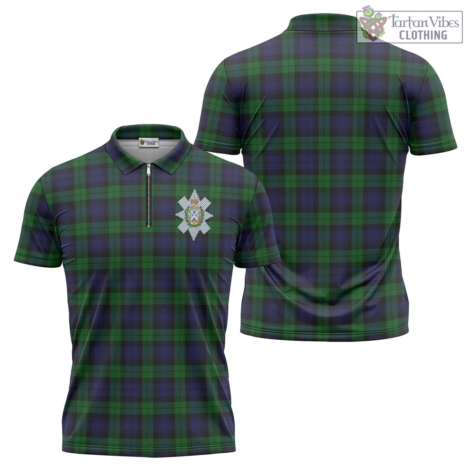 Black Watch Tartan Zipper Polo Shirt with Family Crest