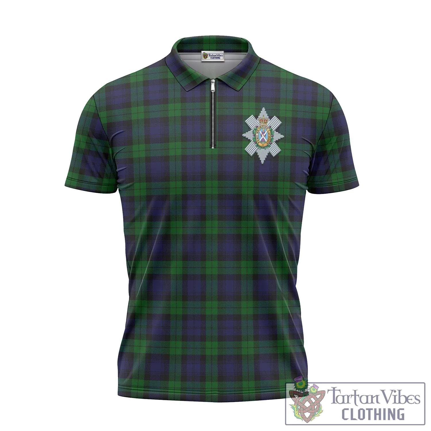 Black Watch Tartan Zipper Polo Shirt with Family Crest