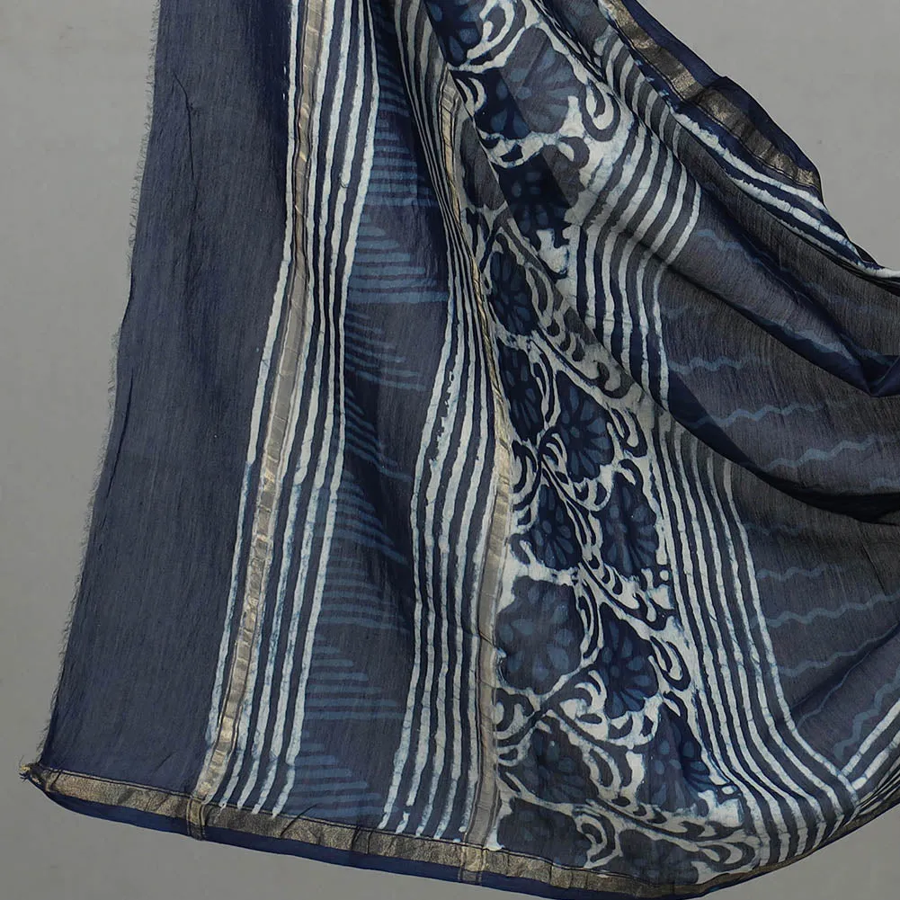 Blue - 3pc Chanderi Silk Indigo Bagru Print Dress Material 04