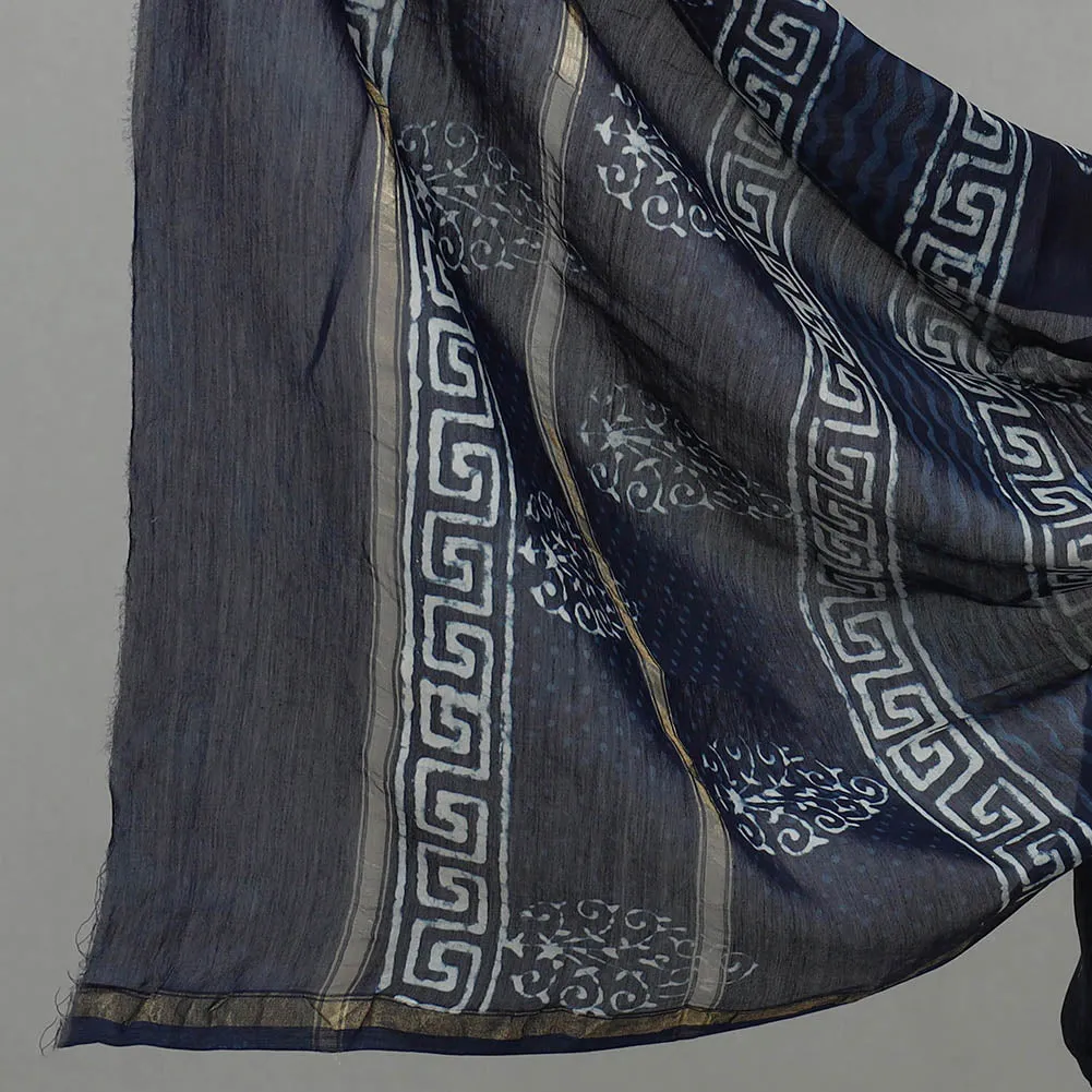 Blue - 3pc Chanderi Silk Indigo Bagru Print Dress Material 06