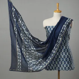 Blue - 3pc Chanderi Silk Indigo Bagru Print Dress Material 09