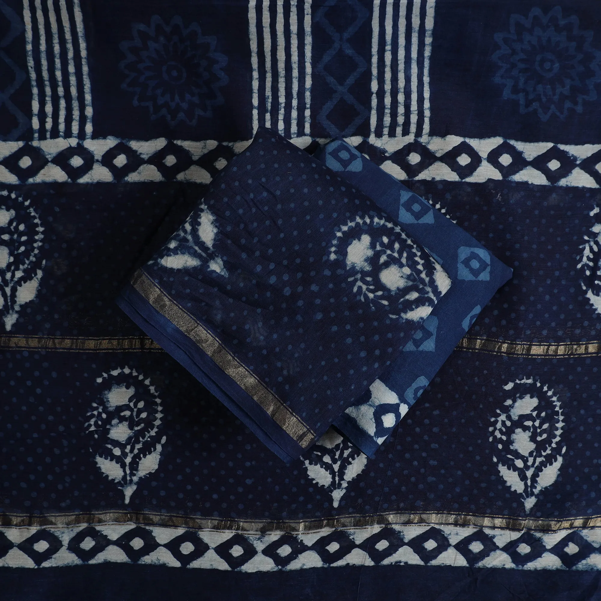 Blue - 3pc Chanderi Silk Indigo Bagru Print Dress Material 10