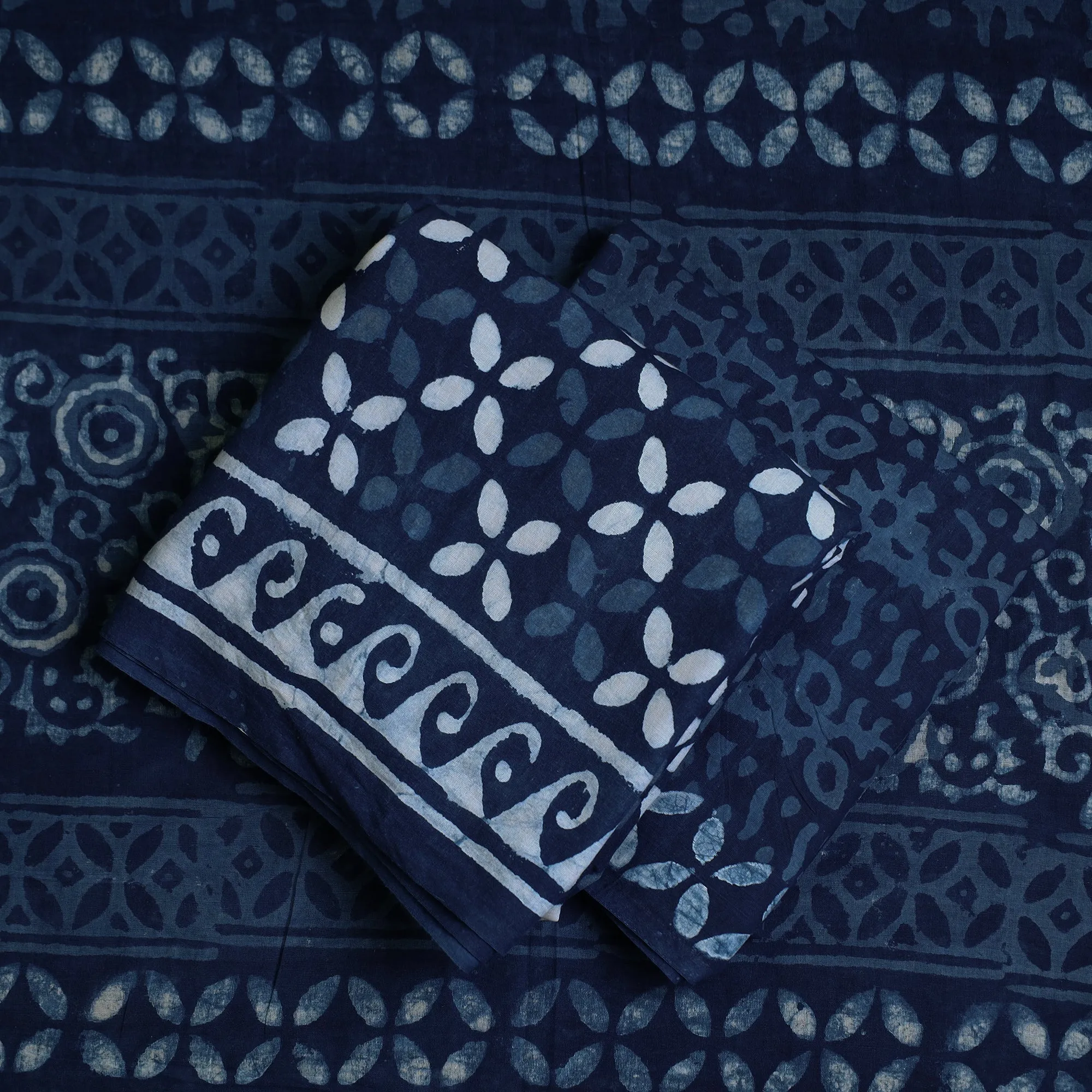 Blue - 3pc Cotton Indigo Bagru Print Dress Material Set 03