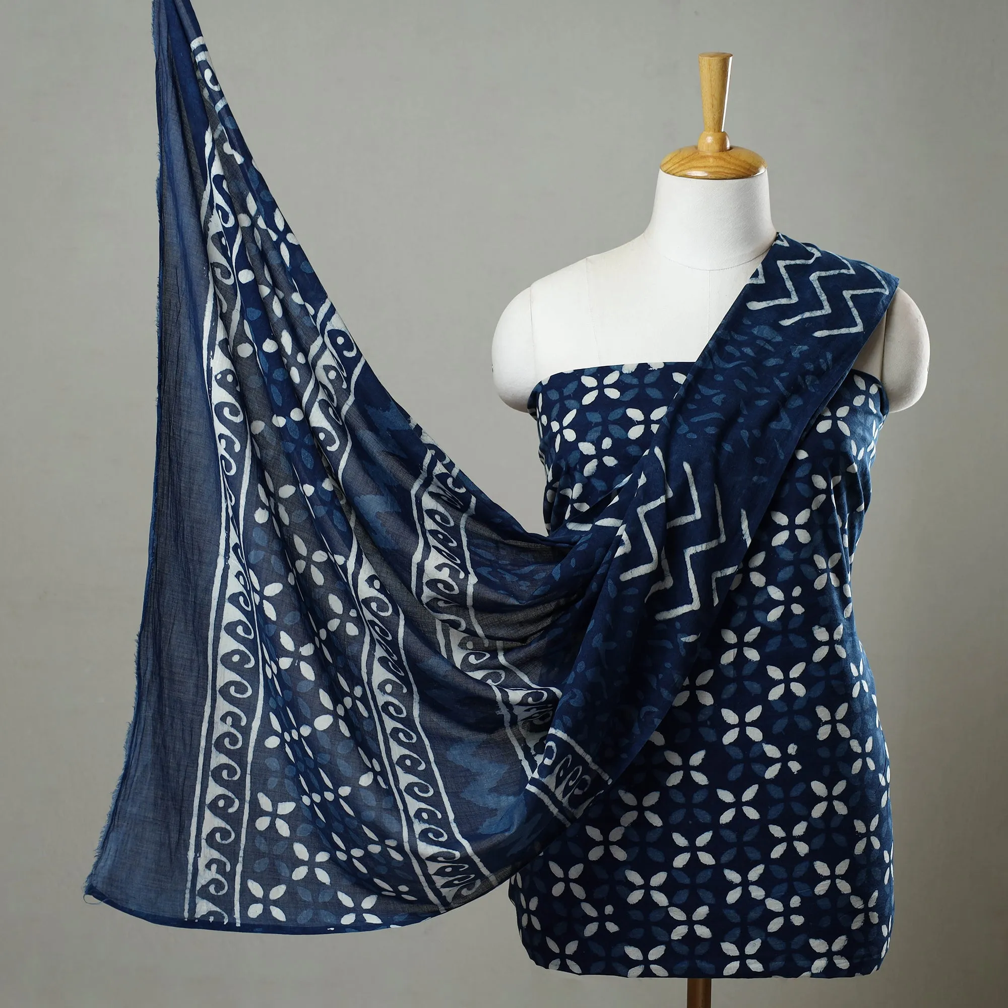 Blue - 3pc Cotton Indigo Bagru Print Dress Material Set 03