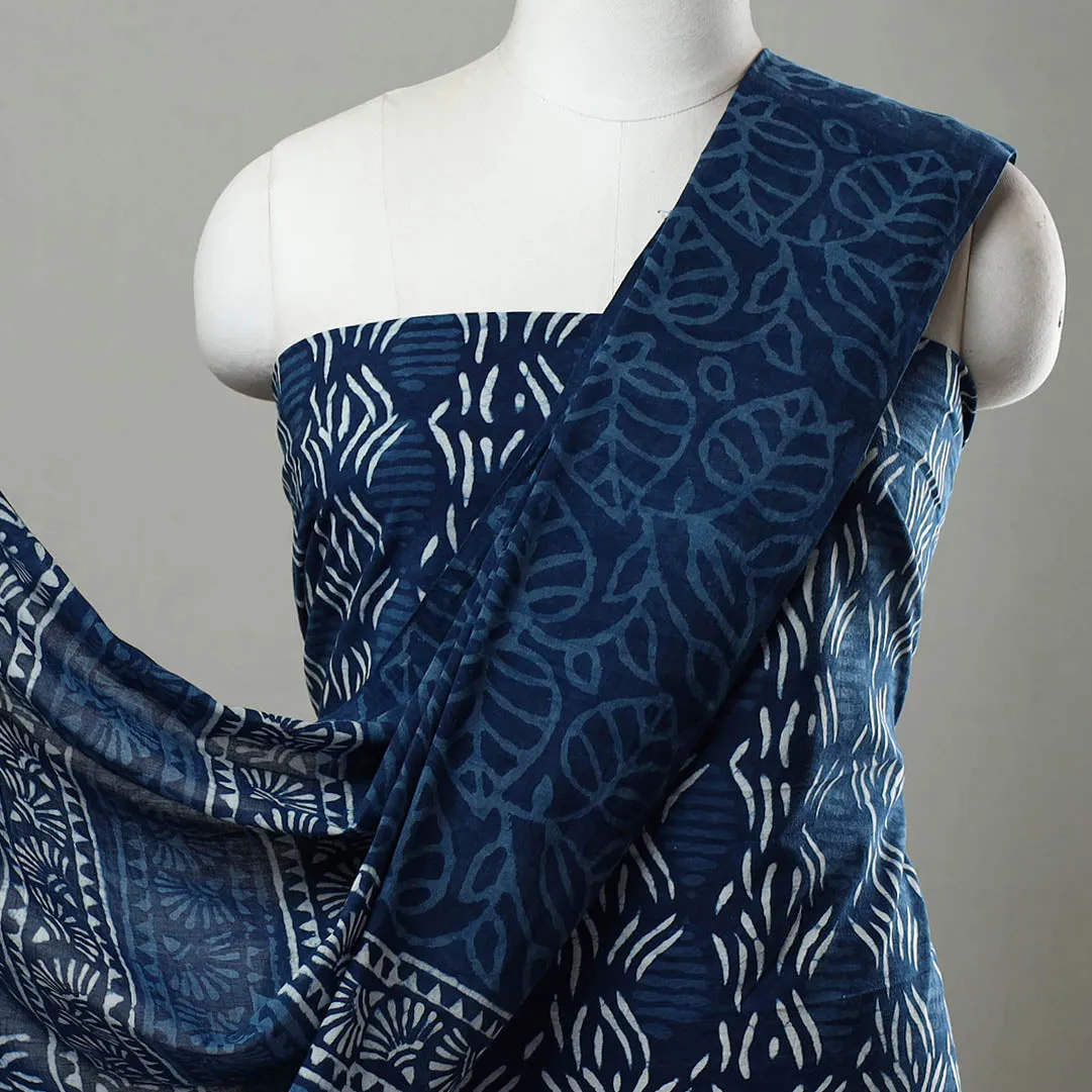 Blue - 3pc Cotton Indigo Bagru Print Dress Material Set 04