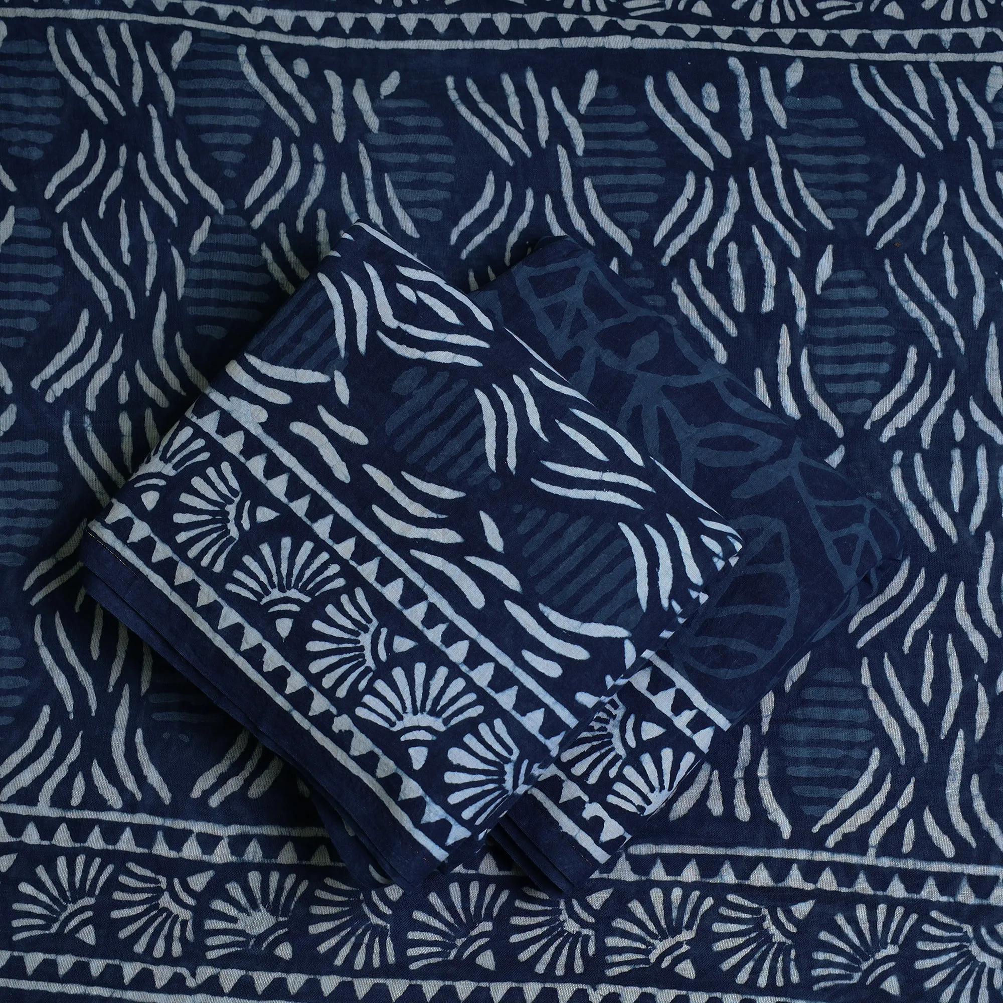 Blue - 3pc Cotton Indigo Bagru Print Dress Material Set 04