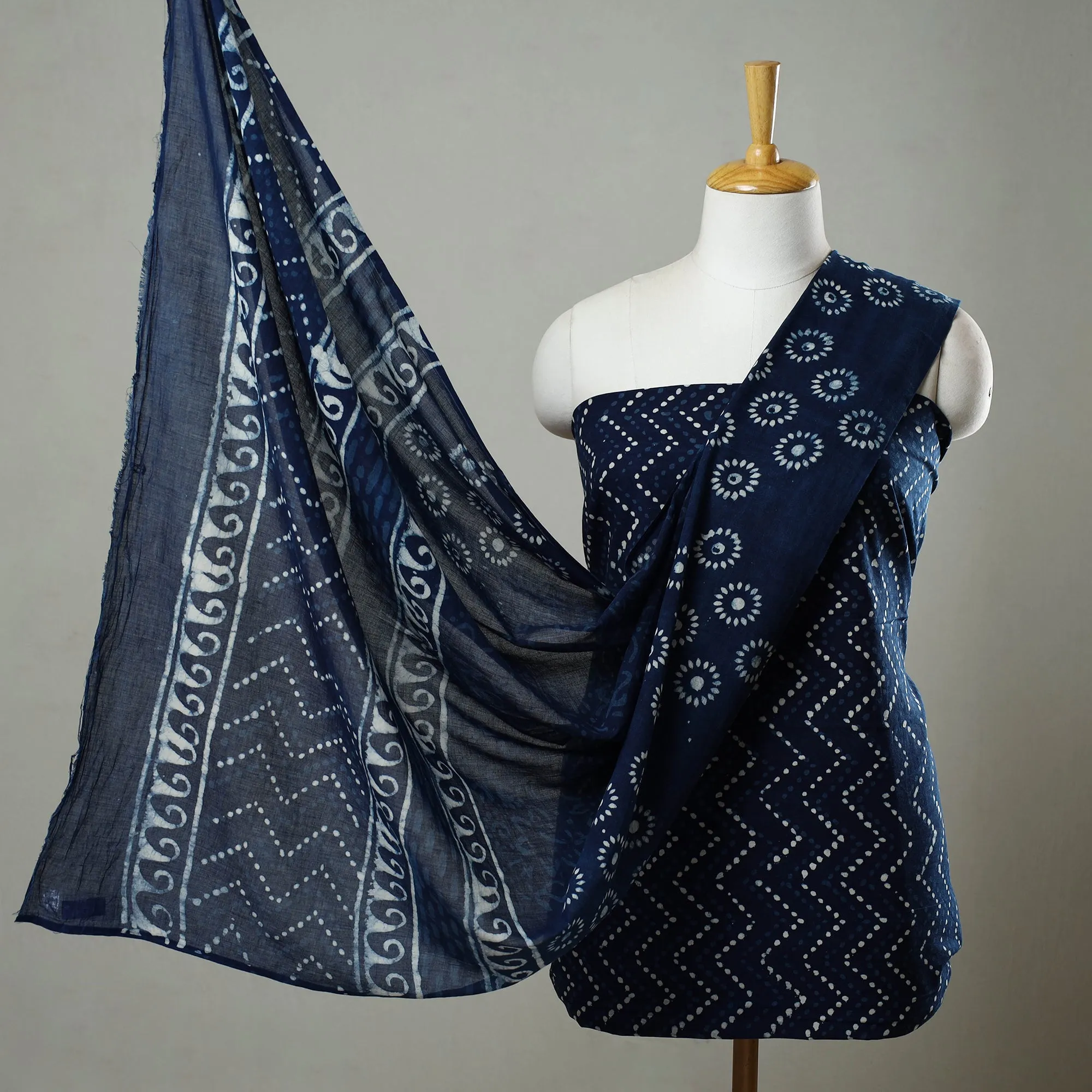 Blue - 3pc Cotton Indigo Bagru Print Dress Material Set 10