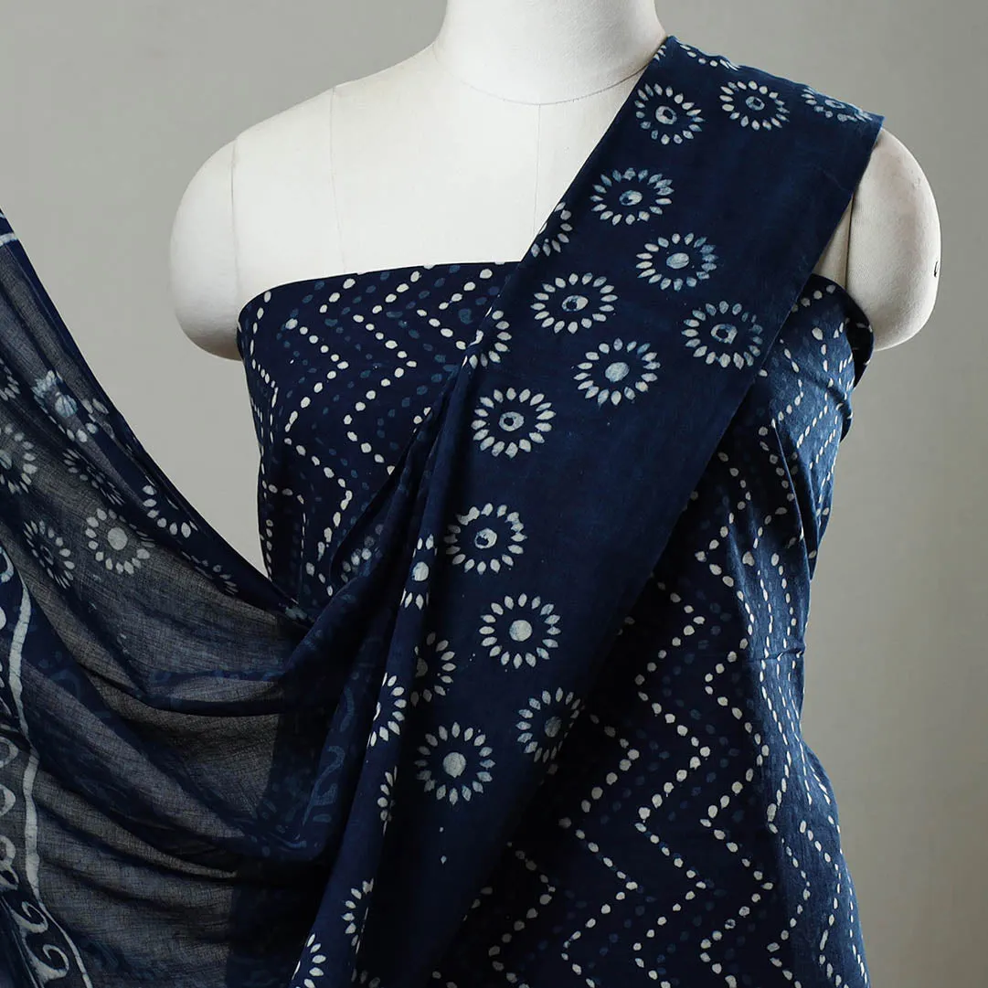 Blue - 3pc Cotton Indigo Bagru Print Dress Material Set 10