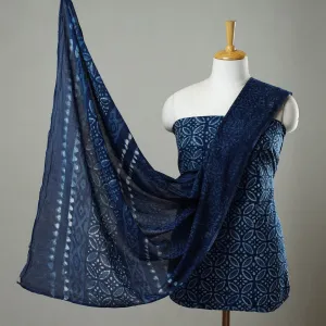 Blue - 3pc Cotton Indigo Bagru Print Dress Material Set 11