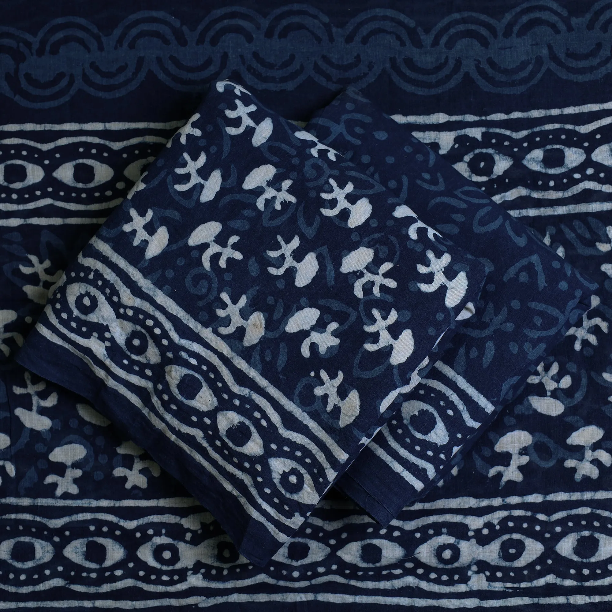 Blue - 3pc Cotton Indigo Bagru Print Dress Material Set 18