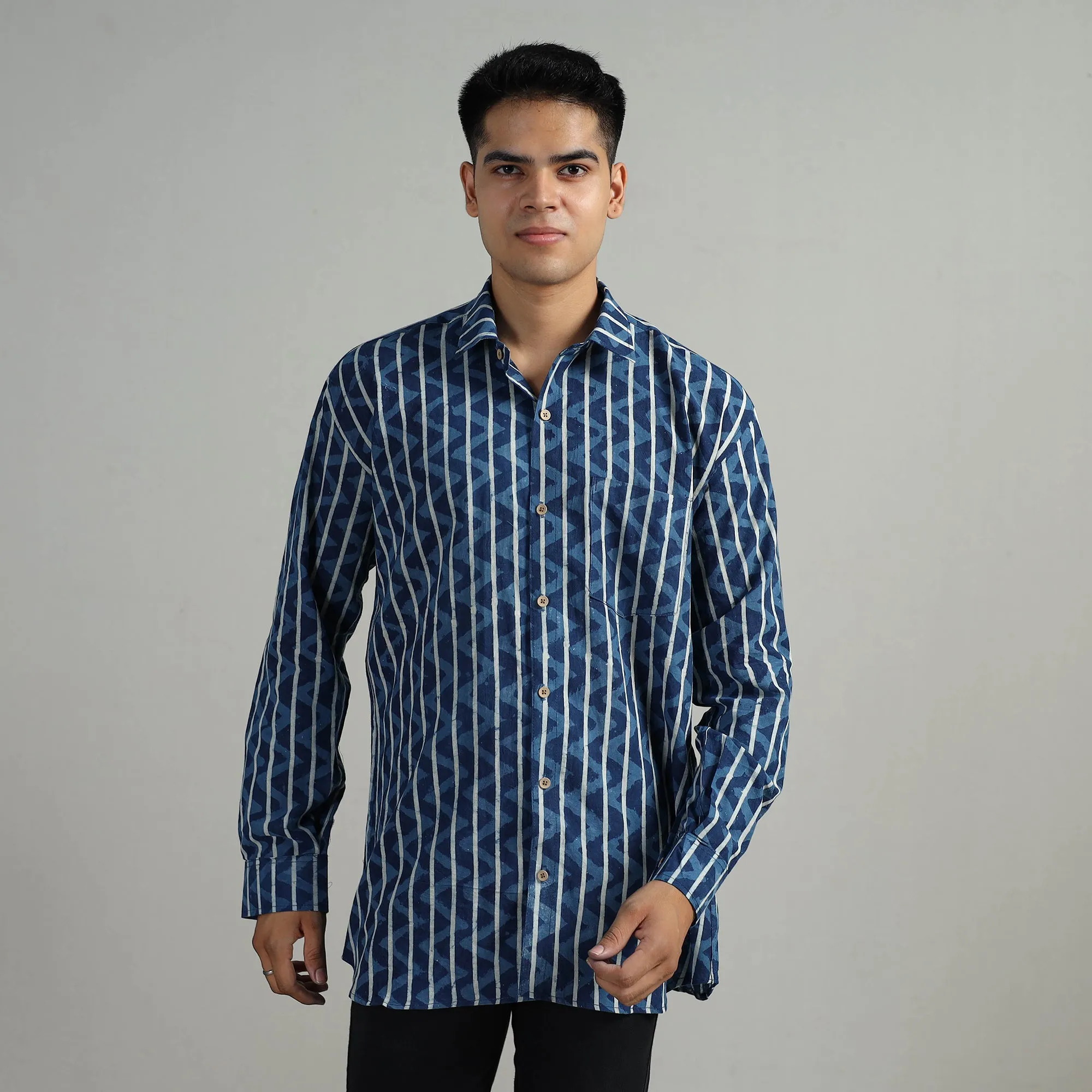 Blue - Indigo Block Printed Cotton Men Full Sleeve Shirt 09