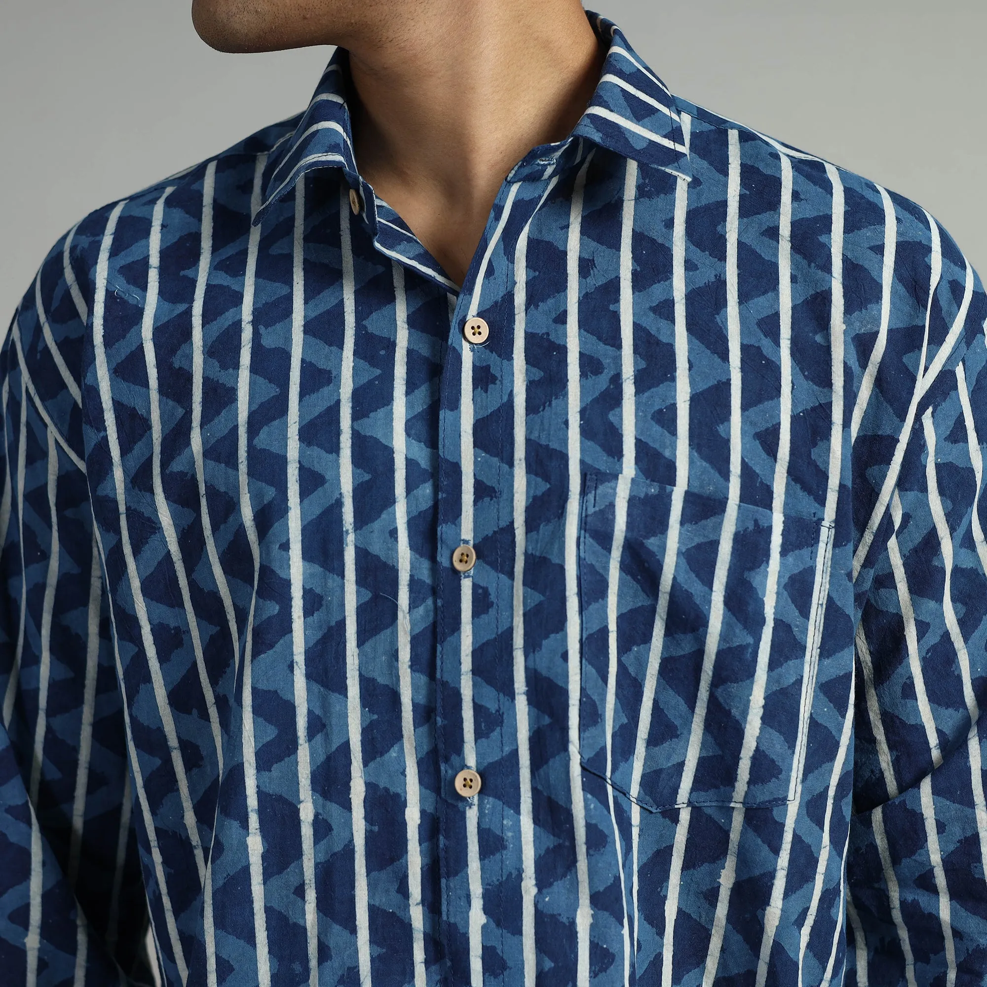 Blue - Indigo Block Printed Cotton Men Full Sleeve Shirt 09