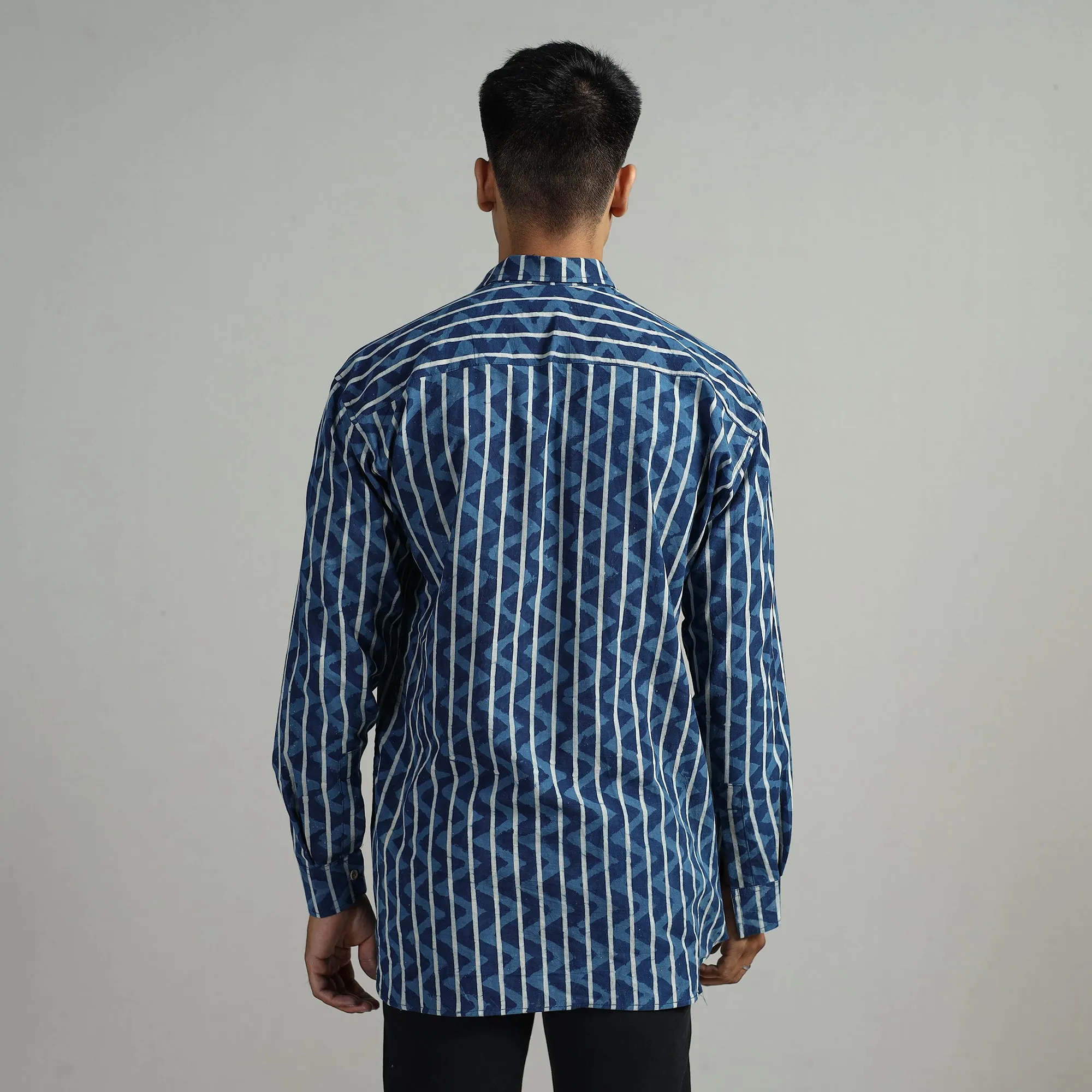 Blue - Indigo Block Printed Cotton Men Full Sleeve Shirt 09