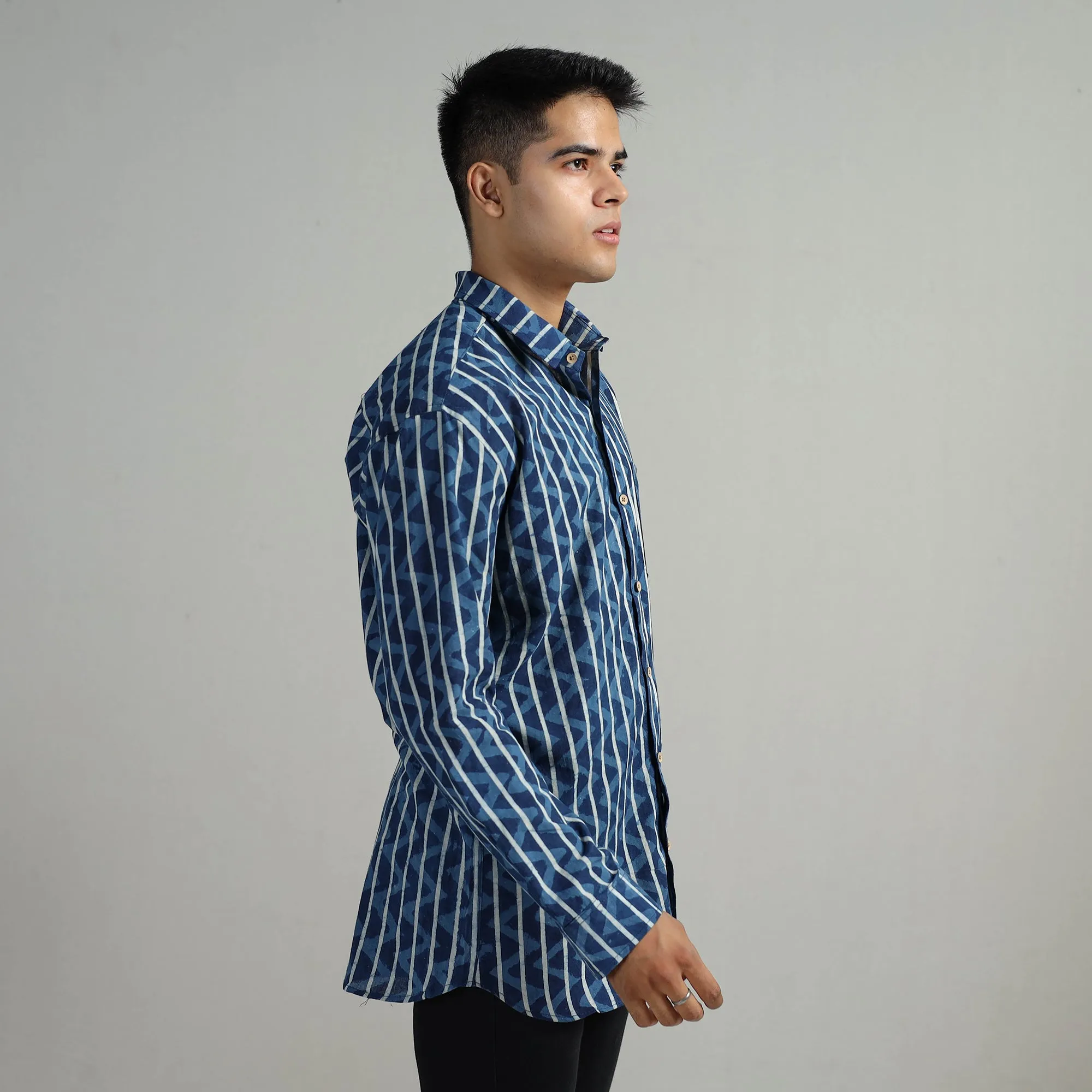 Blue - Indigo Block Printed Cotton Men Full Sleeve Shirt 09