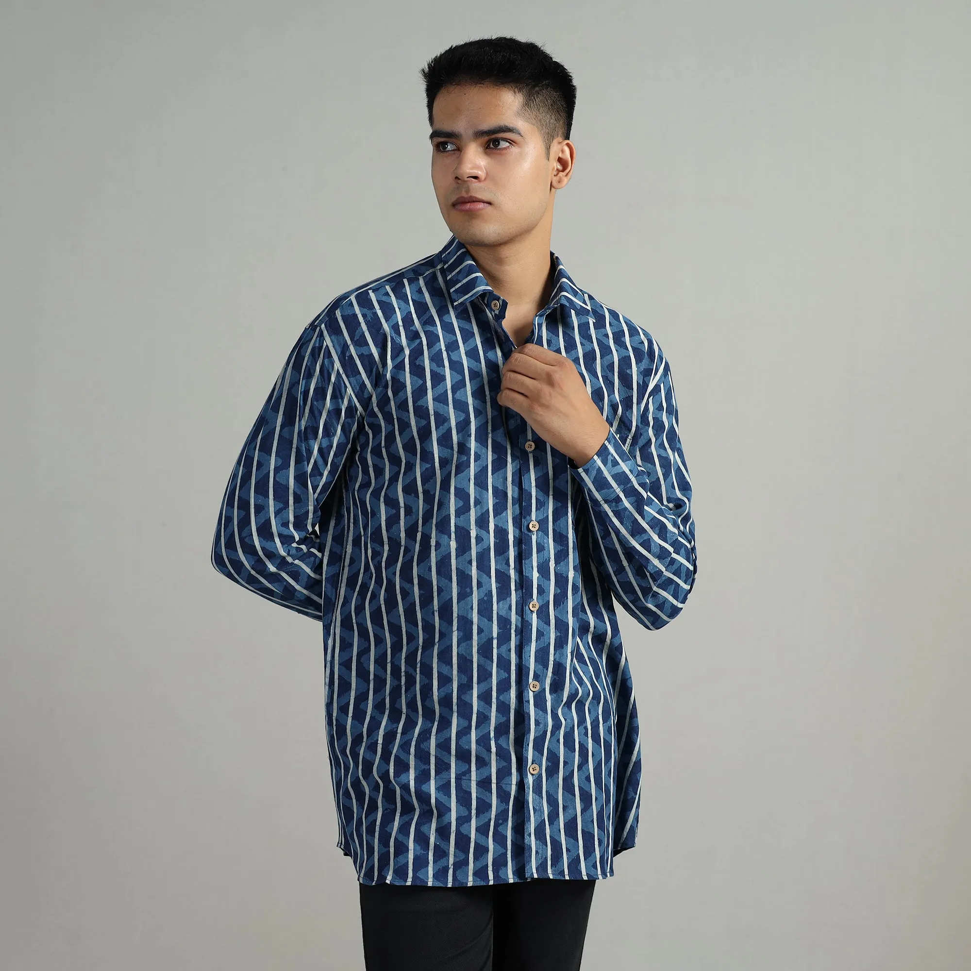 Blue - Indigo Block Printed Cotton Men Full Sleeve Shirt 09