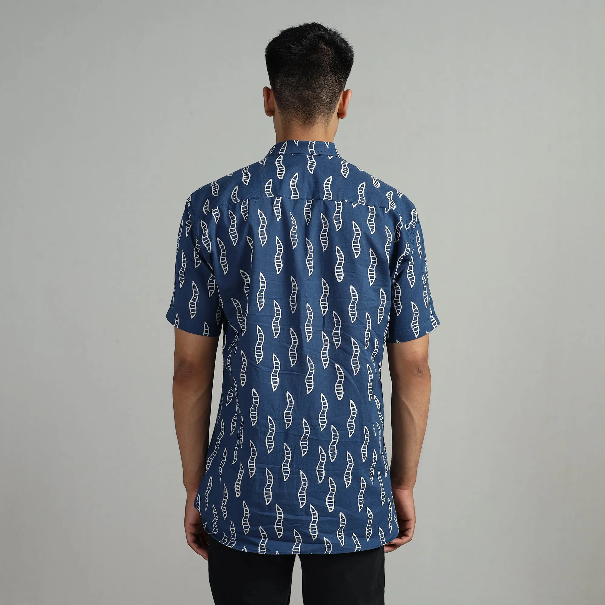 Blue - Indigo Block Printed Cotton Men Half Sleeve Shirt 01