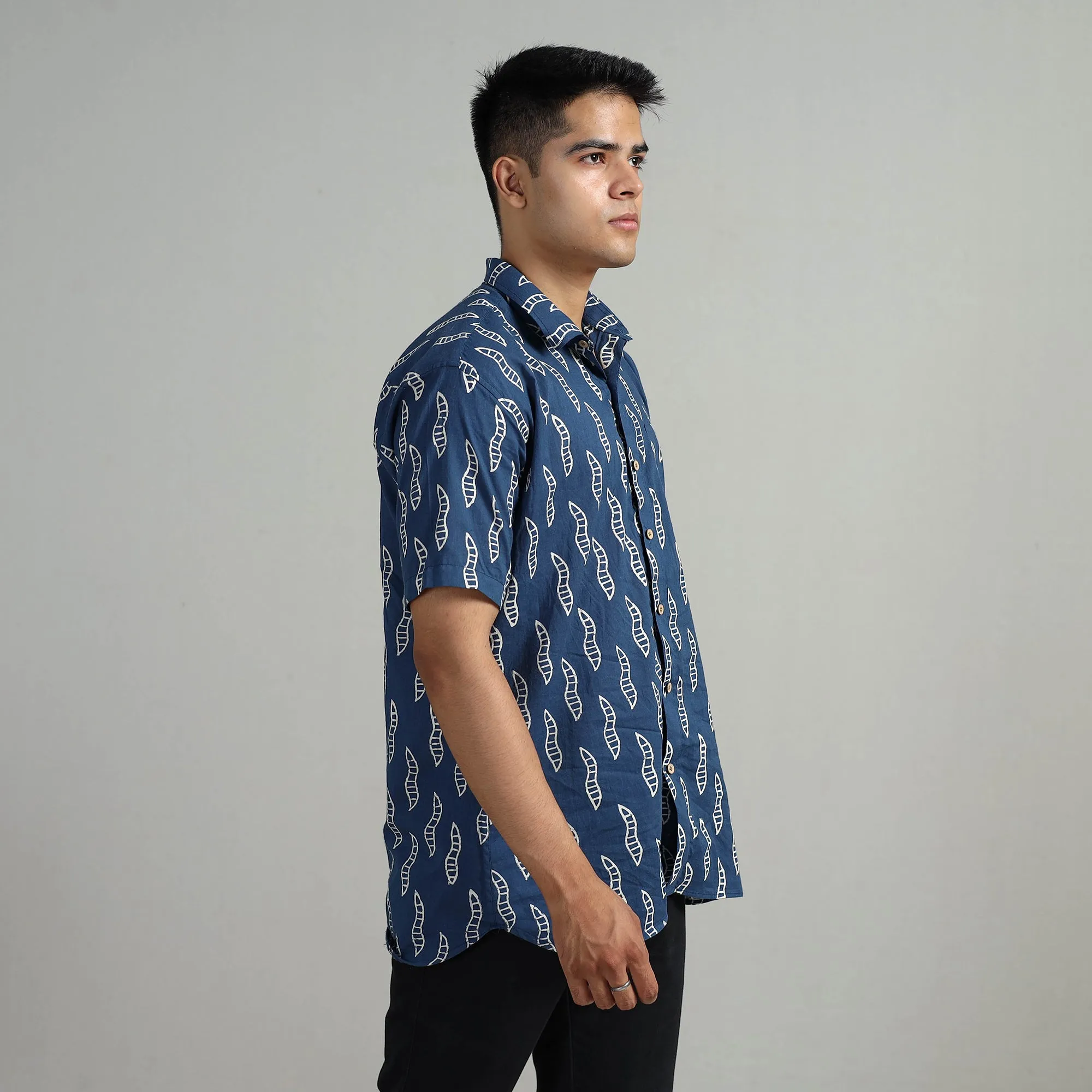 Blue - Indigo Block Printed Cotton Men Half Sleeve Shirt 01