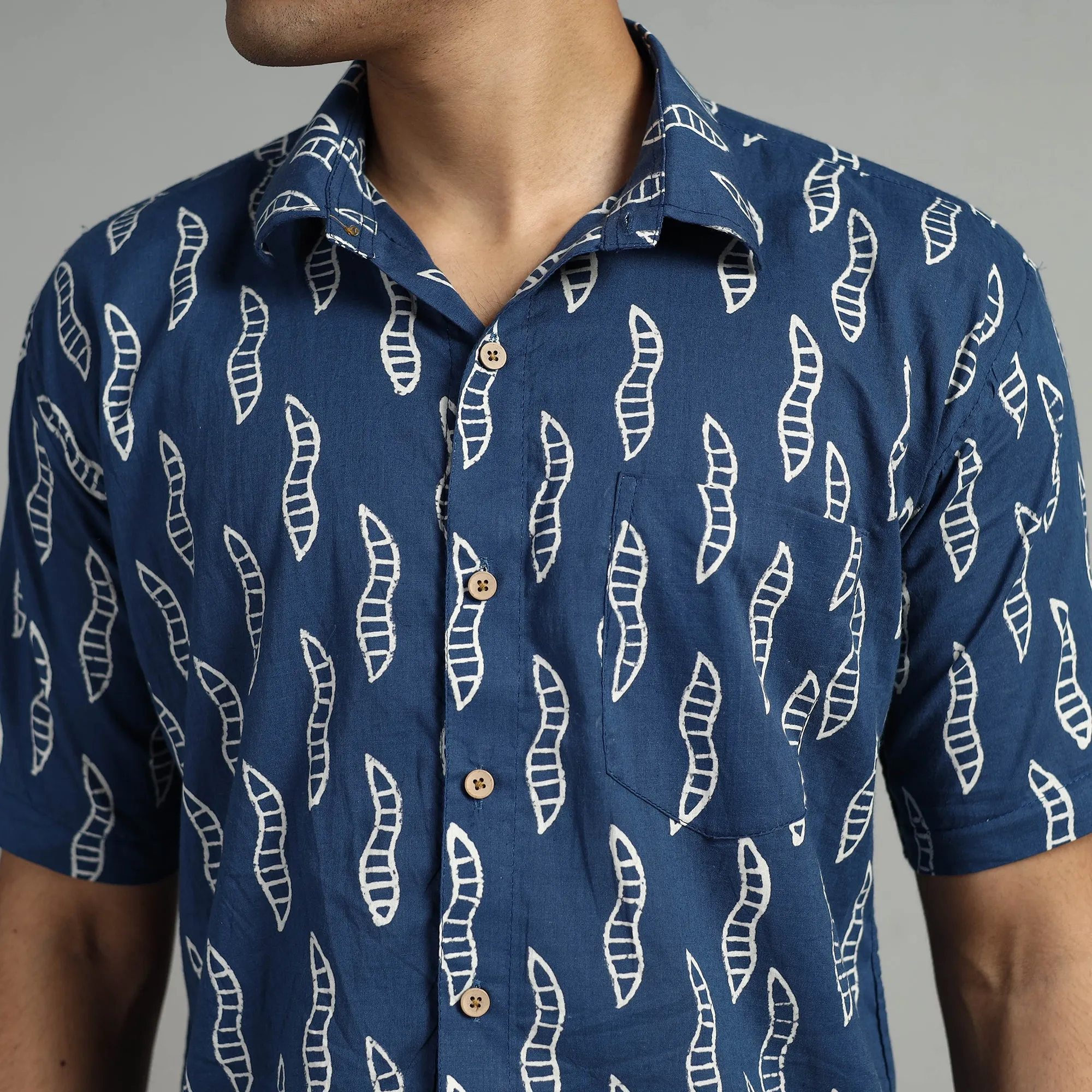 Blue - Indigo Block Printed Cotton Men Half Sleeve Shirt 01