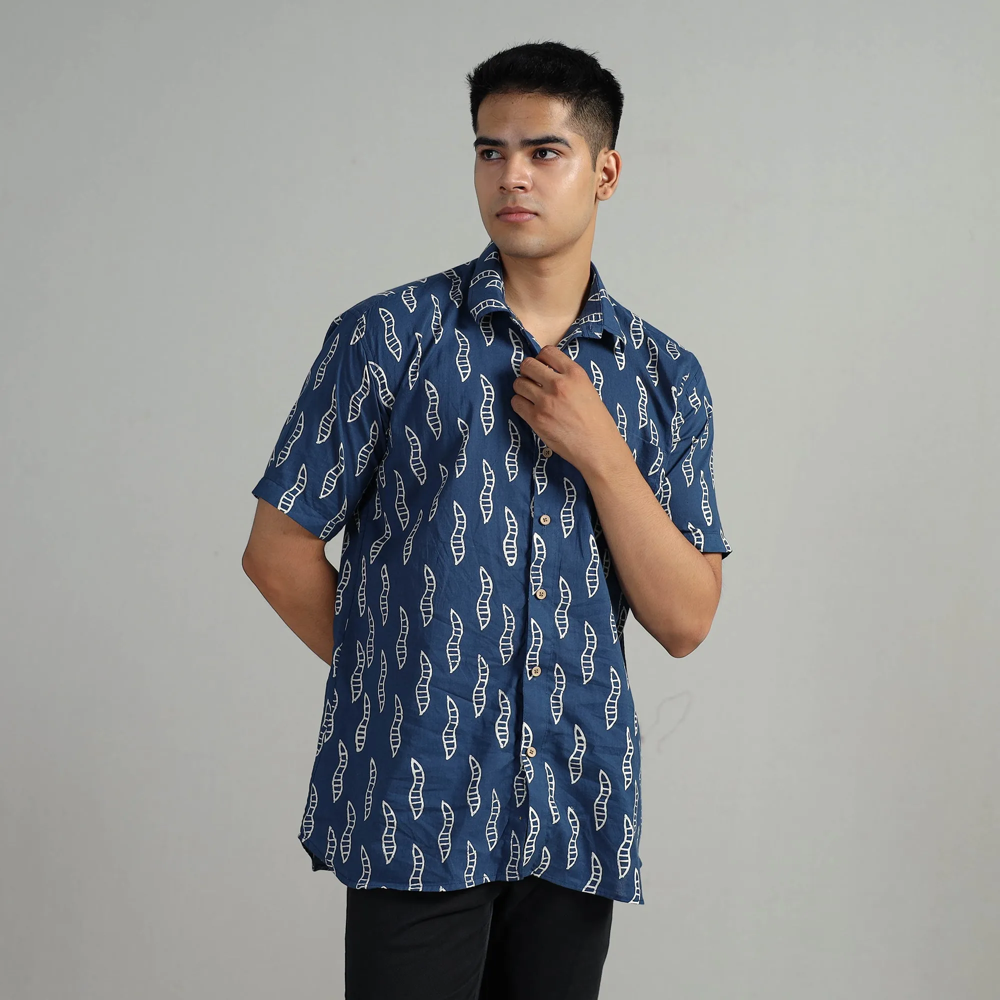 Blue - Indigo Block Printed Cotton Men Half Sleeve Shirt 01