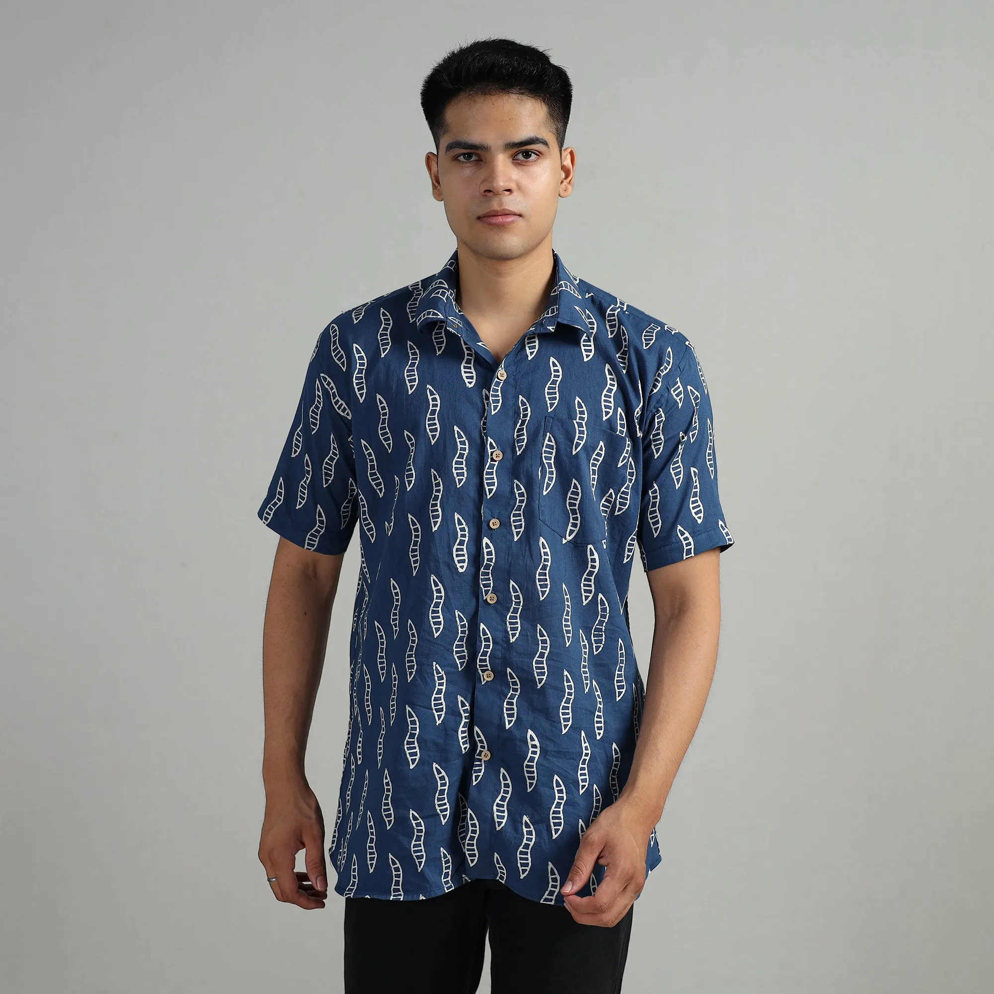 Blue - Indigo Block Printed Cotton Men Half Sleeve Shirt 01