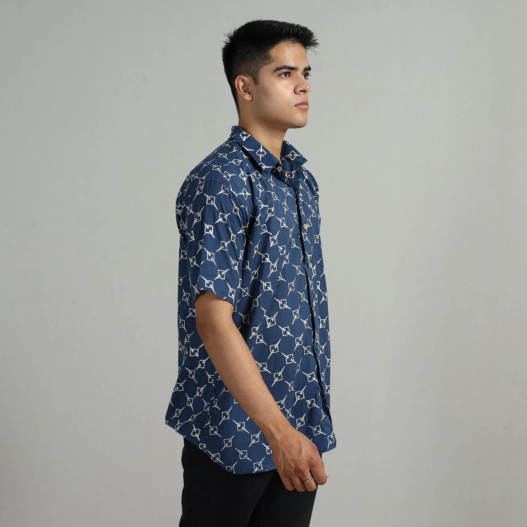 Blue - Indigo Block Printed Cotton Men Half Sleeve Shirt 02