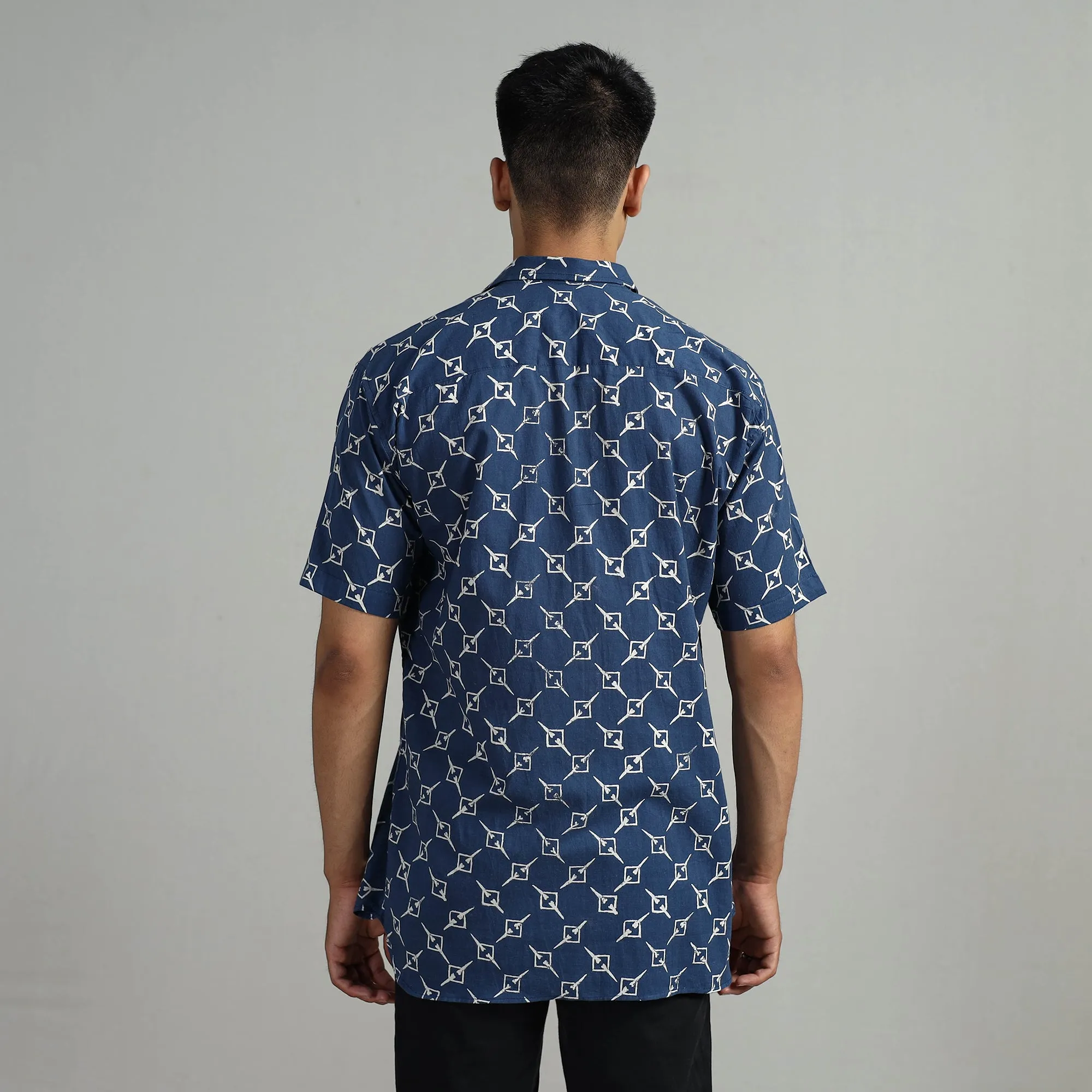 Blue - Indigo Block Printed Cotton Men Half Sleeve Shirt 02