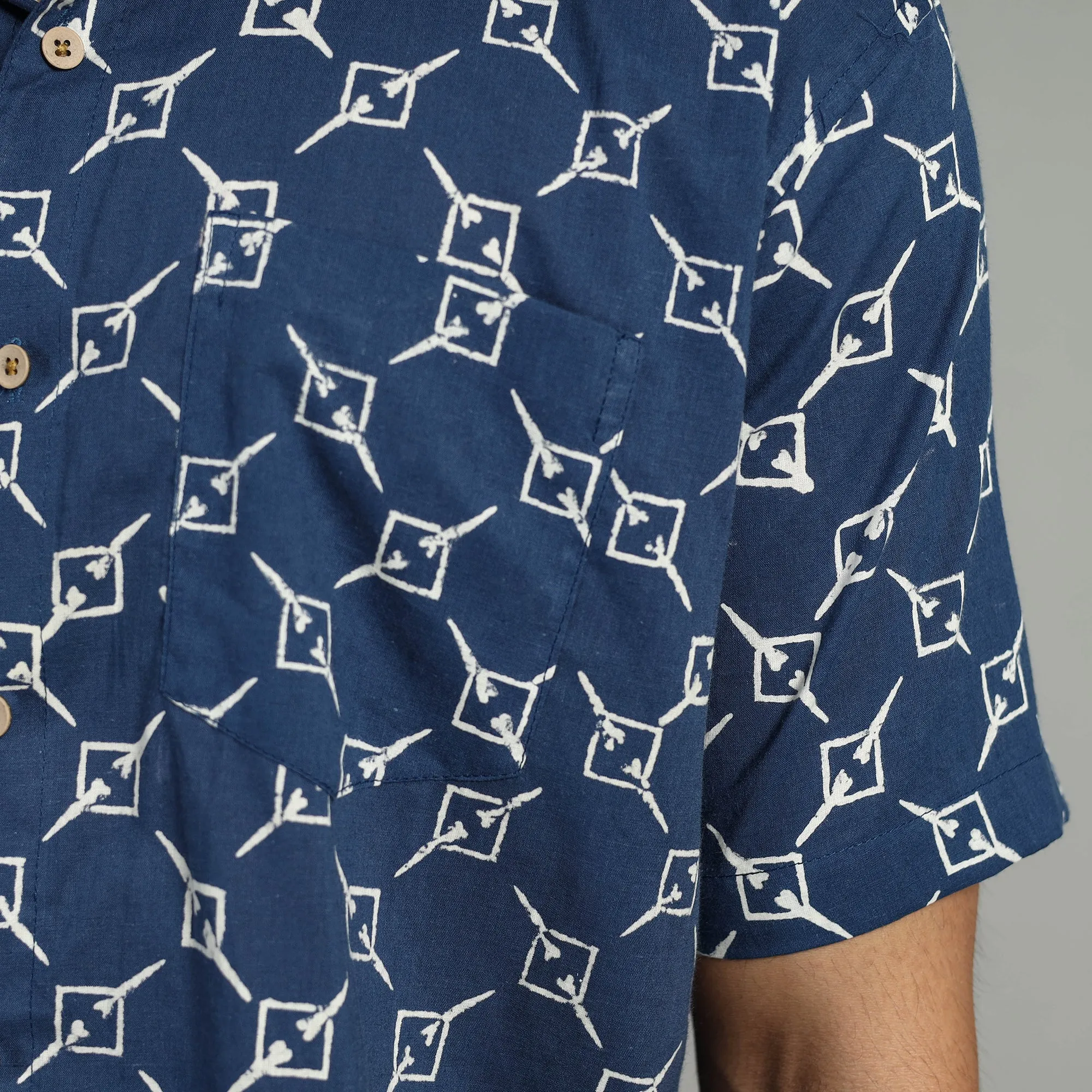 Blue - Indigo Block Printed Cotton Men Half Sleeve Shirt 02