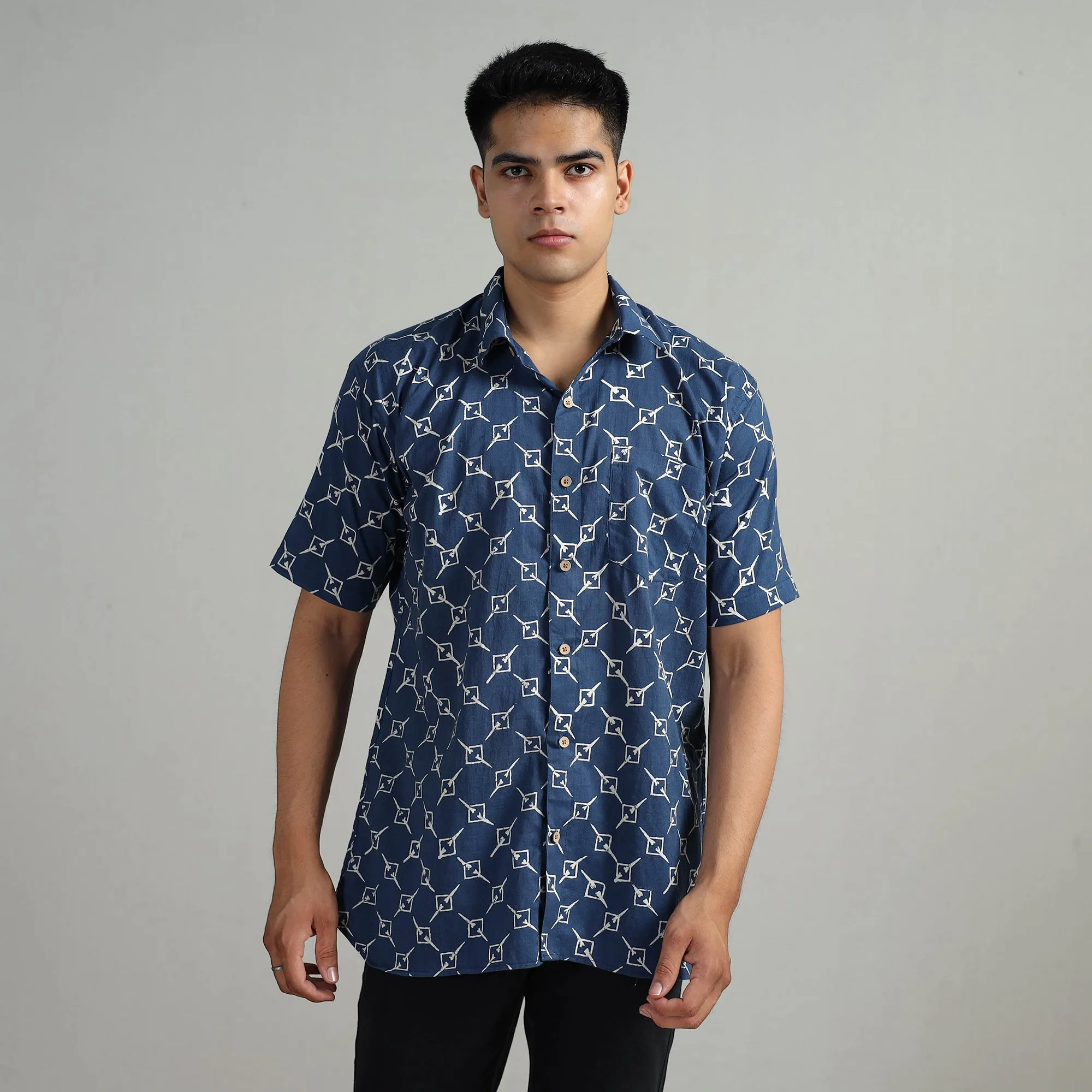 Blue - Indigo Block Printed Cotton Men Half Sleeve Shirt 02