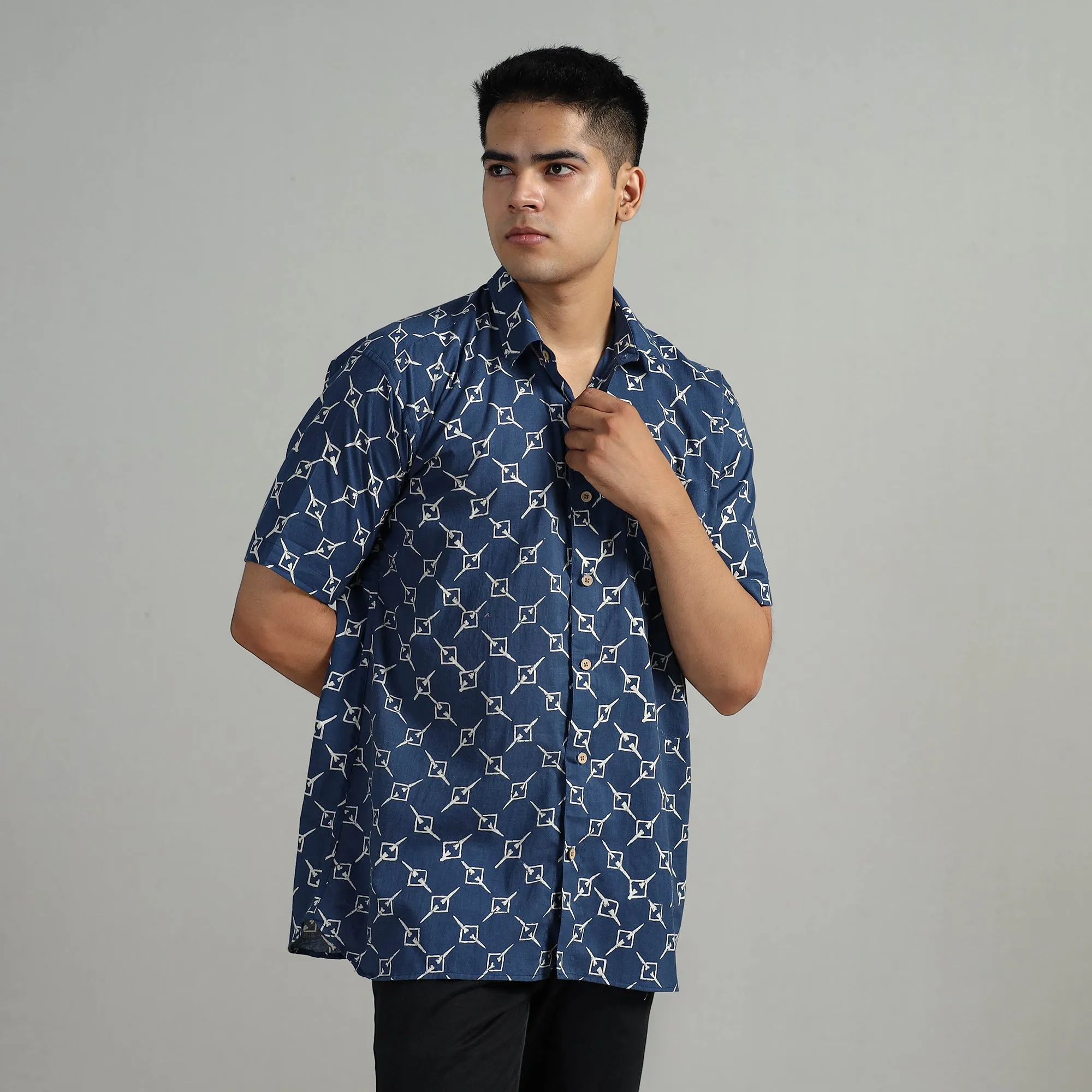 Blue - Indigo Block Printed Cotton Men Half Sleeve Shirt 02