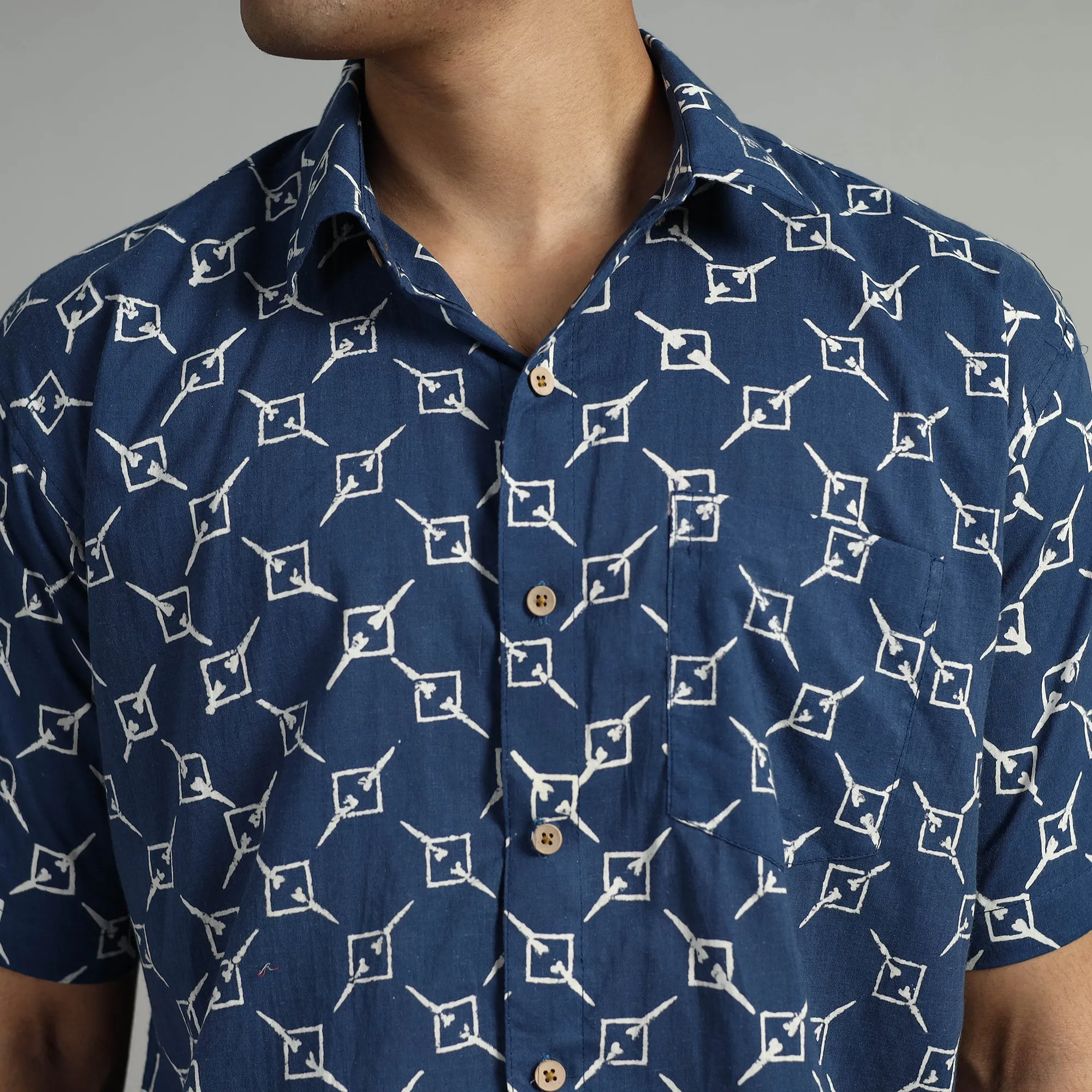 Blue - Indigo Block Printed Cotton Men Half Sleeve Shirt 02