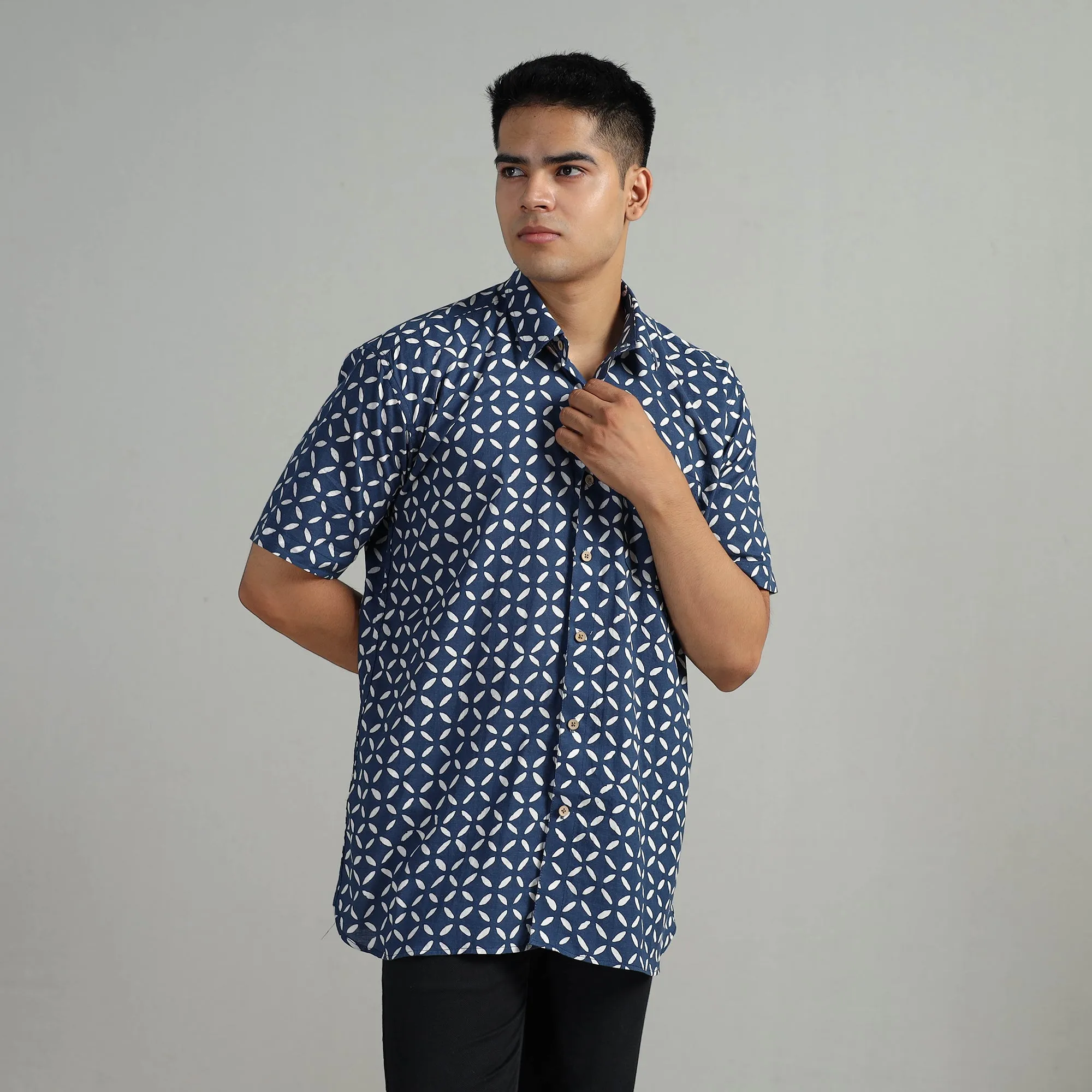 Blue - Indigo Block Printed Cotton Men Half Sleeve Shirt 05