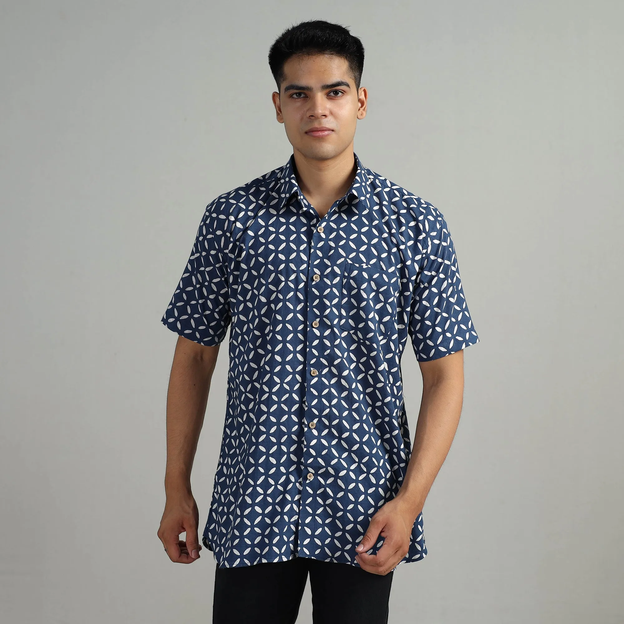 Blue - Indigo Block Printed Cotton Men Half Sleeve Shirt 05