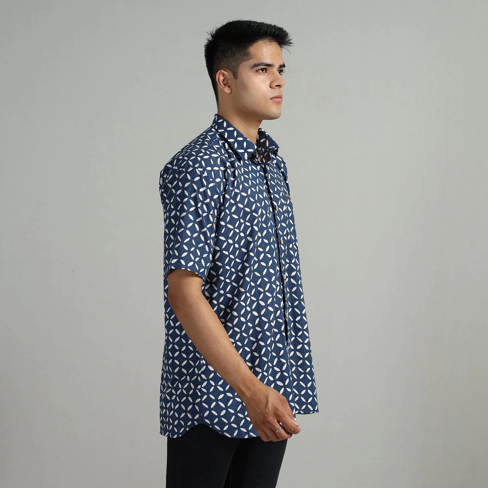 Blue - Indigo Block Printed Cotton Men Half Sleeve Shirt 05