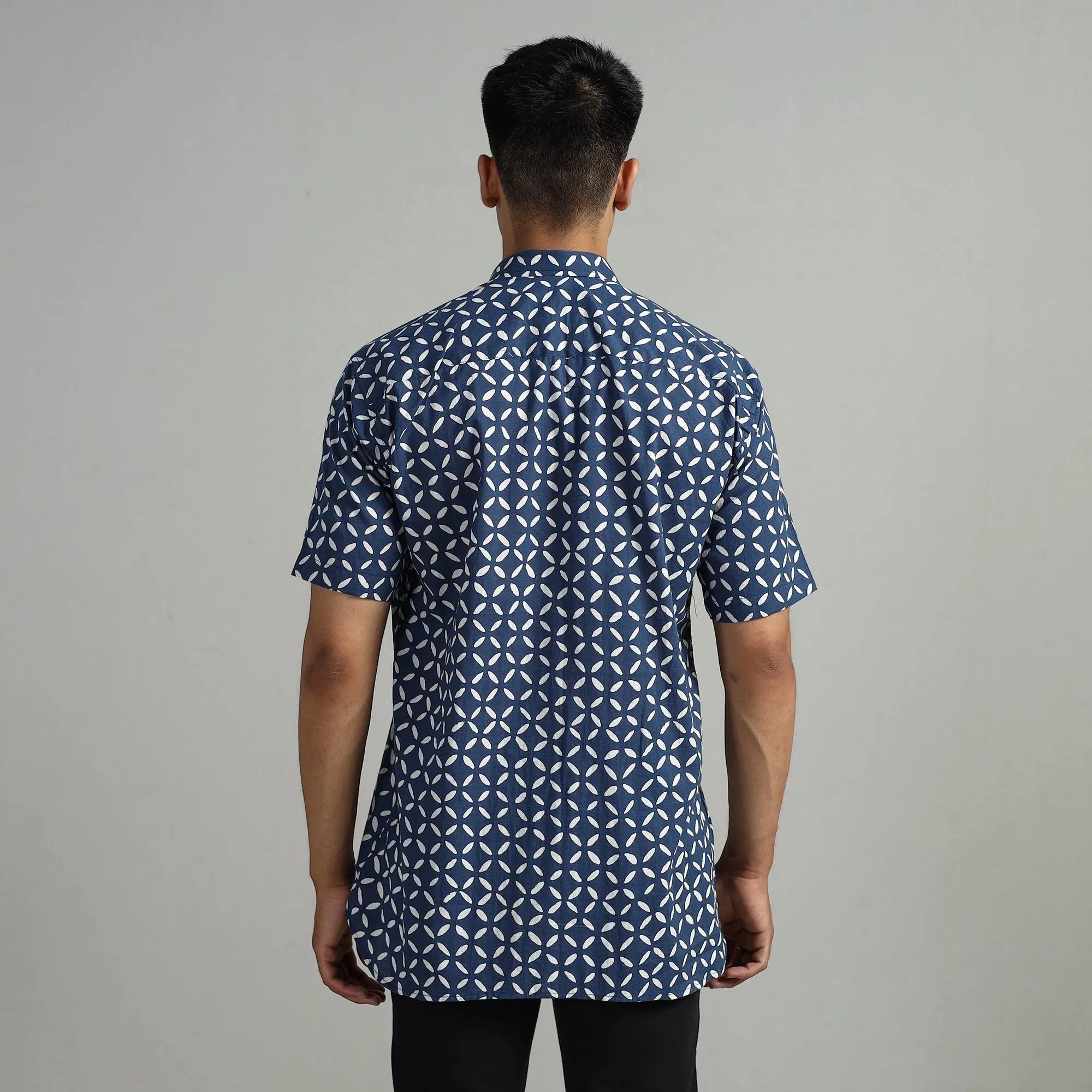 Blue - Indigo Block Printed Cotton Men Half Sleeve Shirt 05